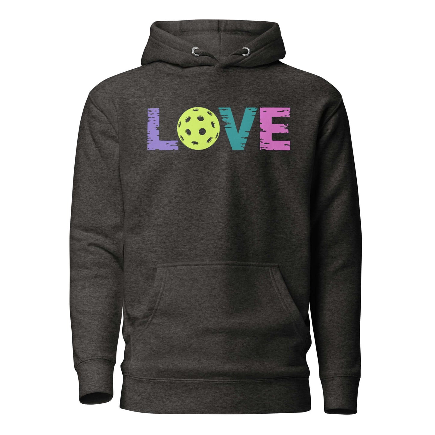 LOVE Pickleball Hoodie in dark color, featuring vibrant lettering and a pickleball graphic, perfect for sports lovers.