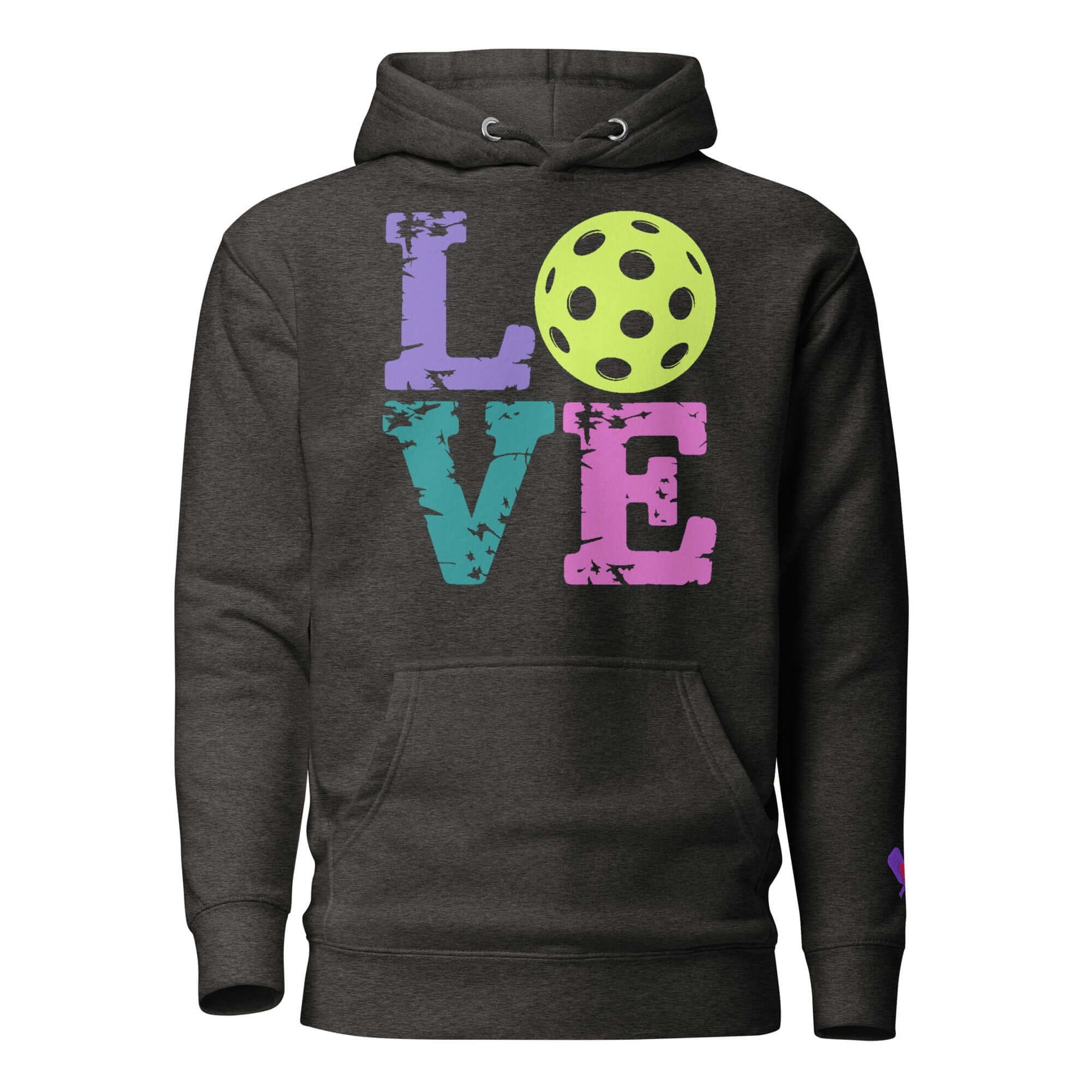 Women’s LOVE Pickleball Hoodie in dark gray featuring colorful LOVE design and pickleball graphic.