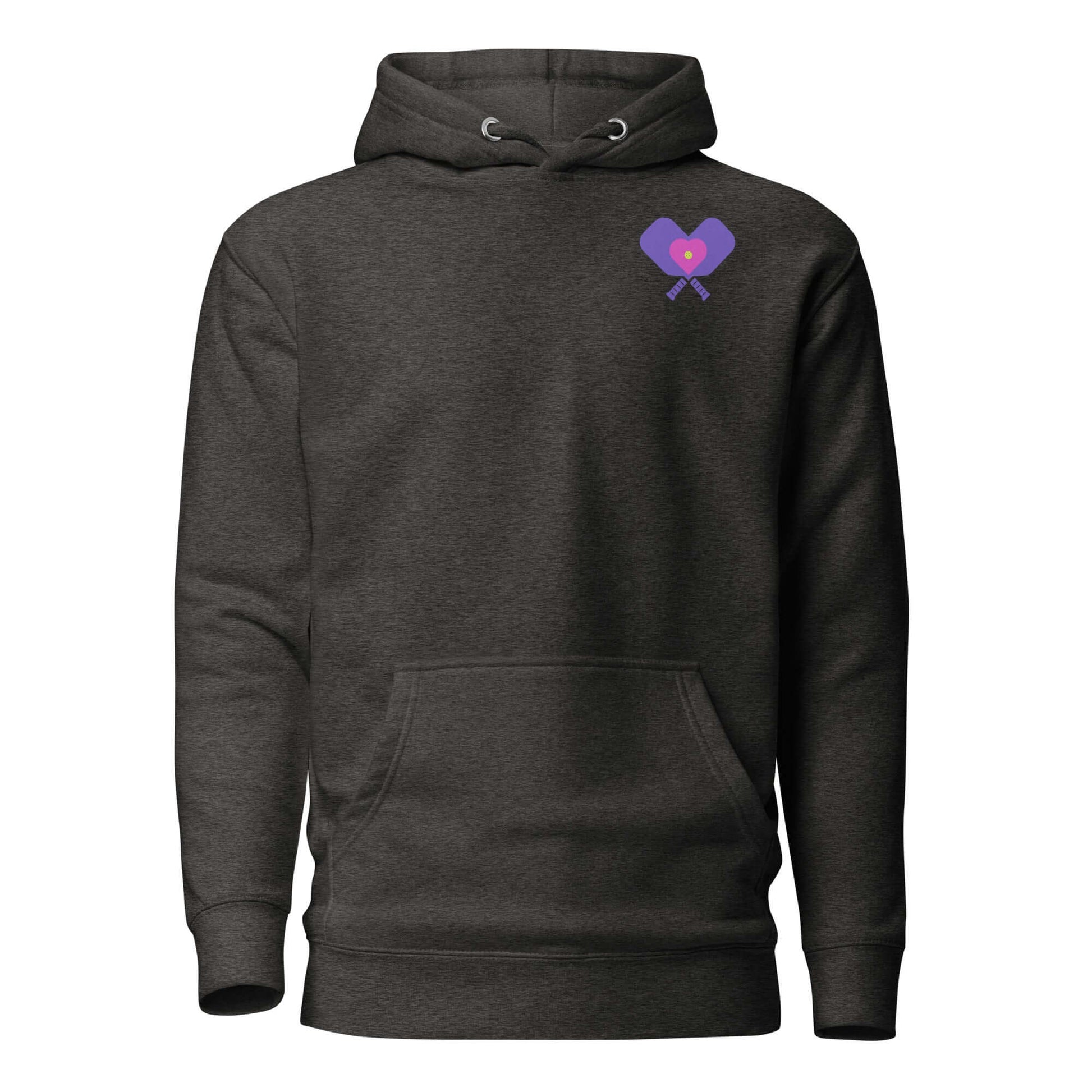 Women's LOVE Pickleball Hoodie in dark gray featuring a purple heart and paddles, perfect for cozy style on or off the court.