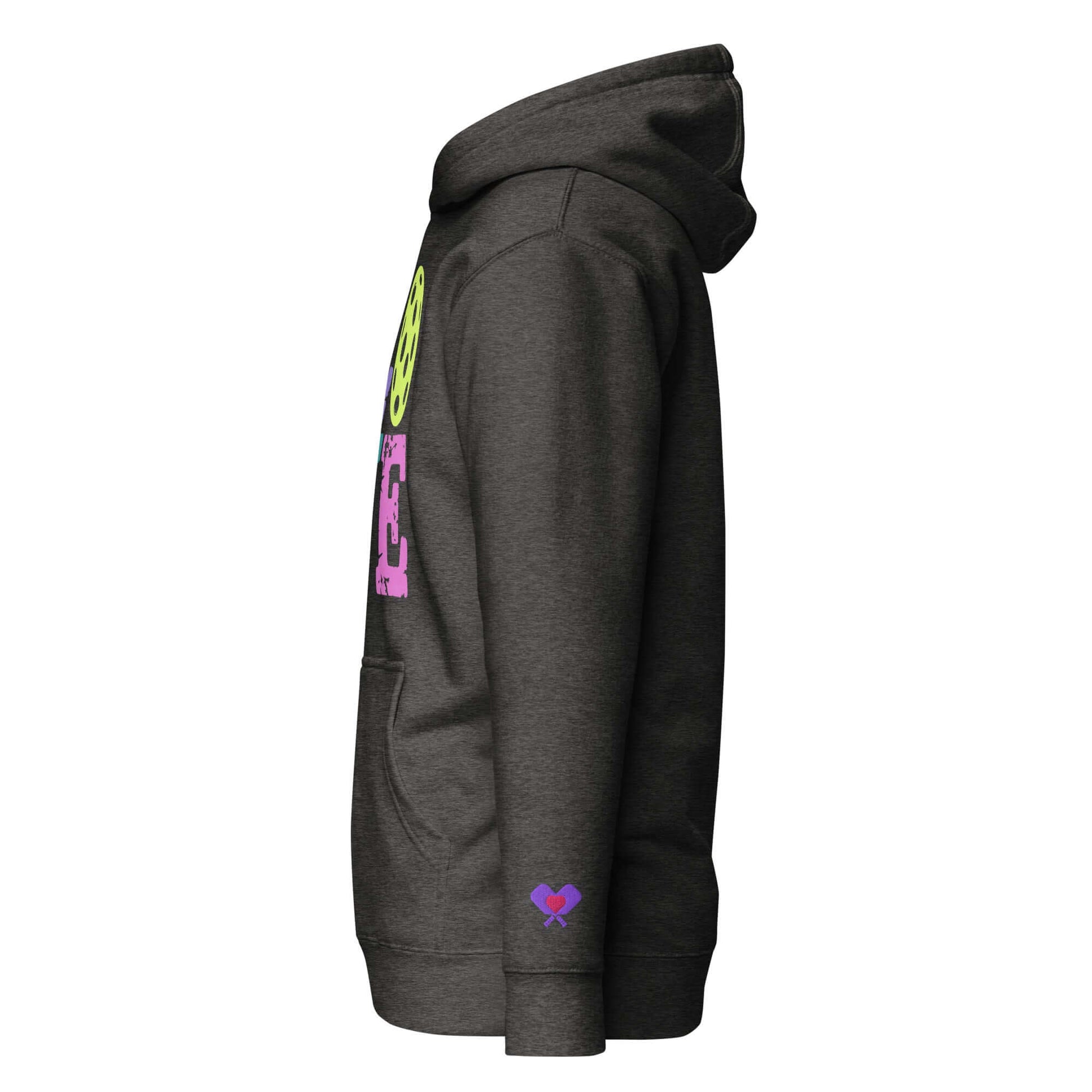 Side view of the women's LOVE pickleball hoodie in dark gray, highlighting its stylish design and cozy feel.