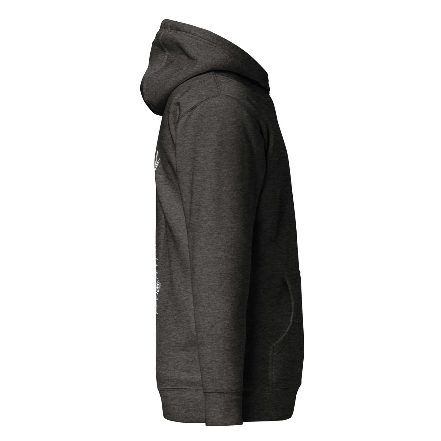 No Mercy Pickleball Hoodie in dark gray, side view showcasing comfort and style with a front pouch pocket.