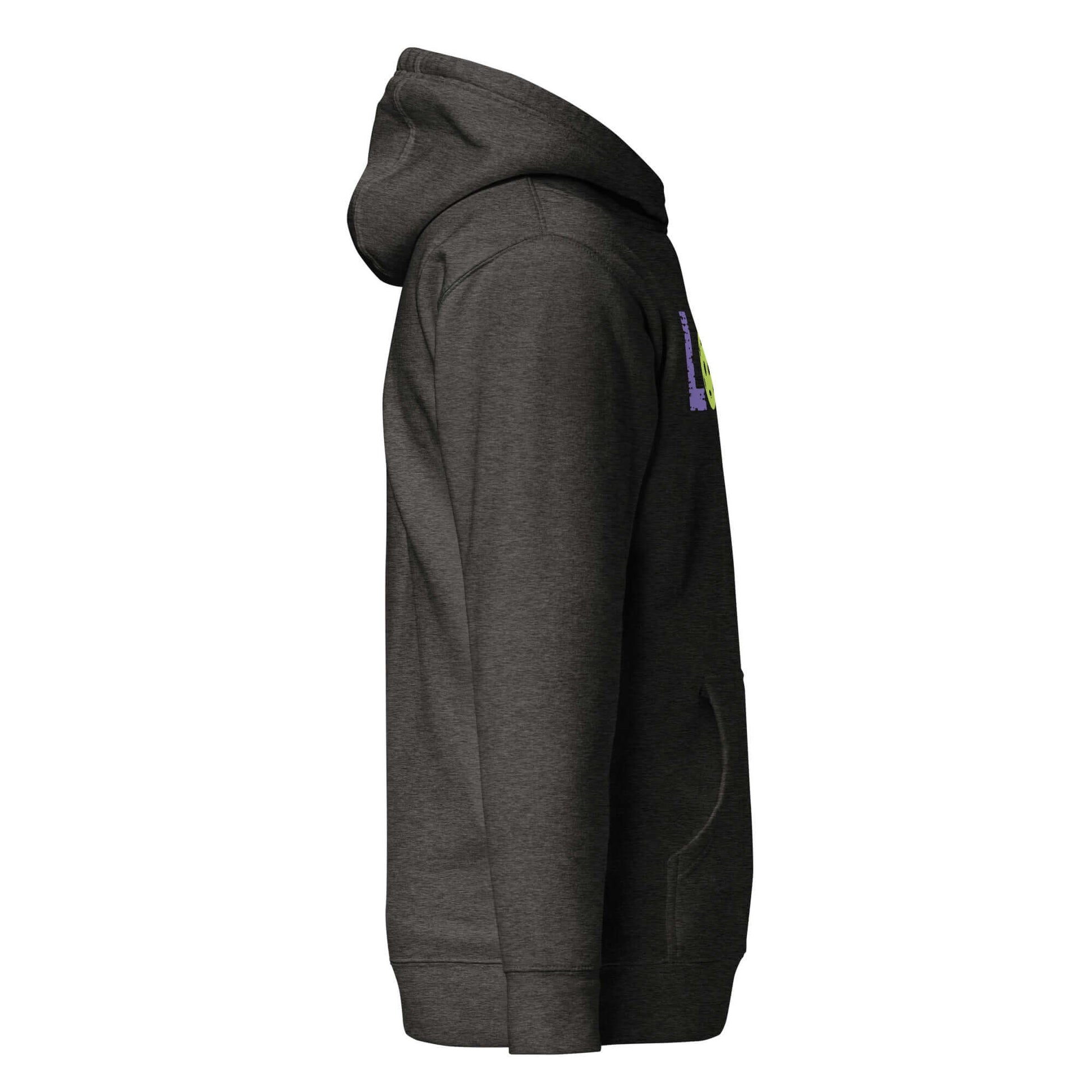 LOVE Pickleball Hoodie in dark gray showcasing side view, perfect for comfort and style after matches.