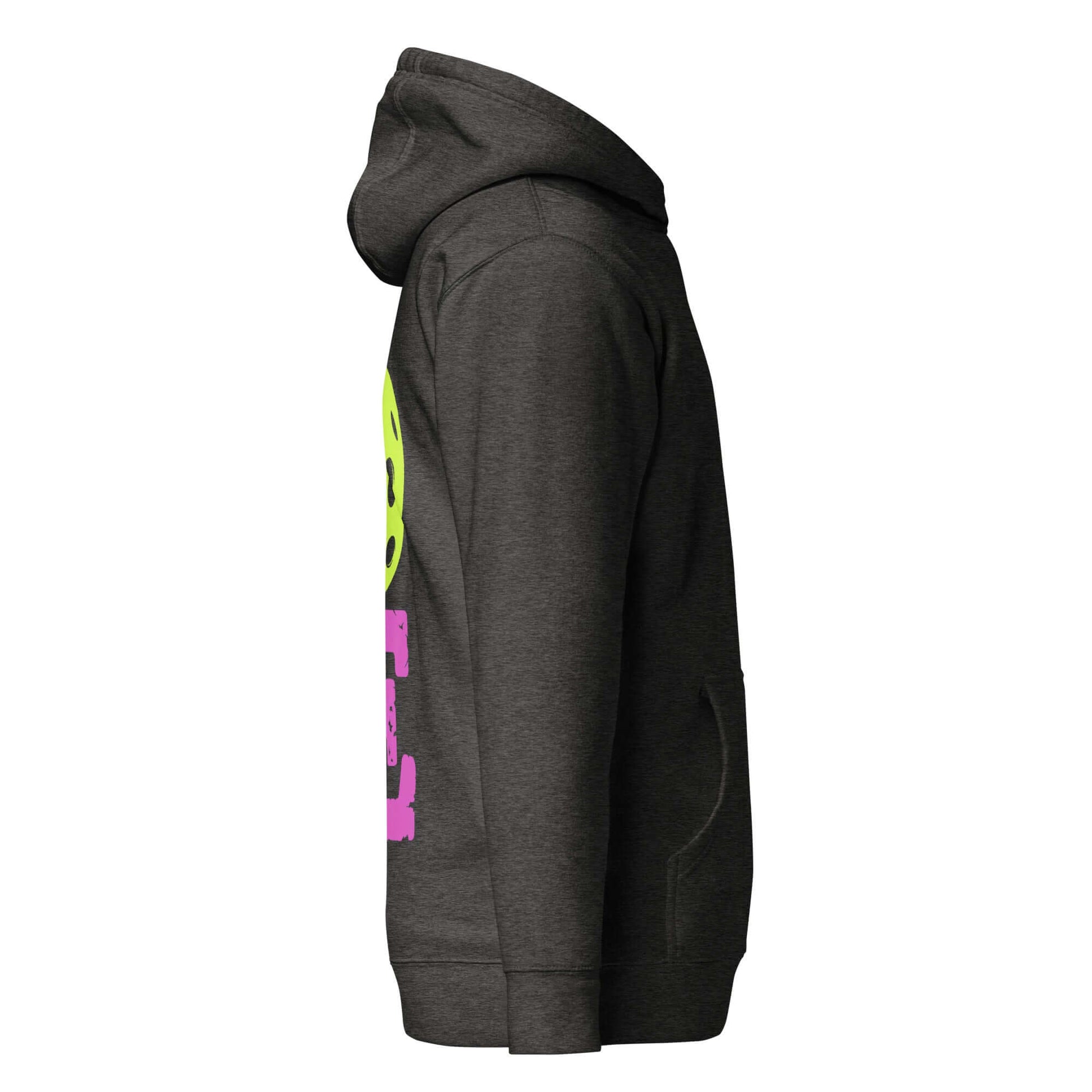 Side view of women's LOVE Pickleball hoodie in dark gray, showcasing vibrant design and cozy fit, perfect for pickleball enthusiasts.