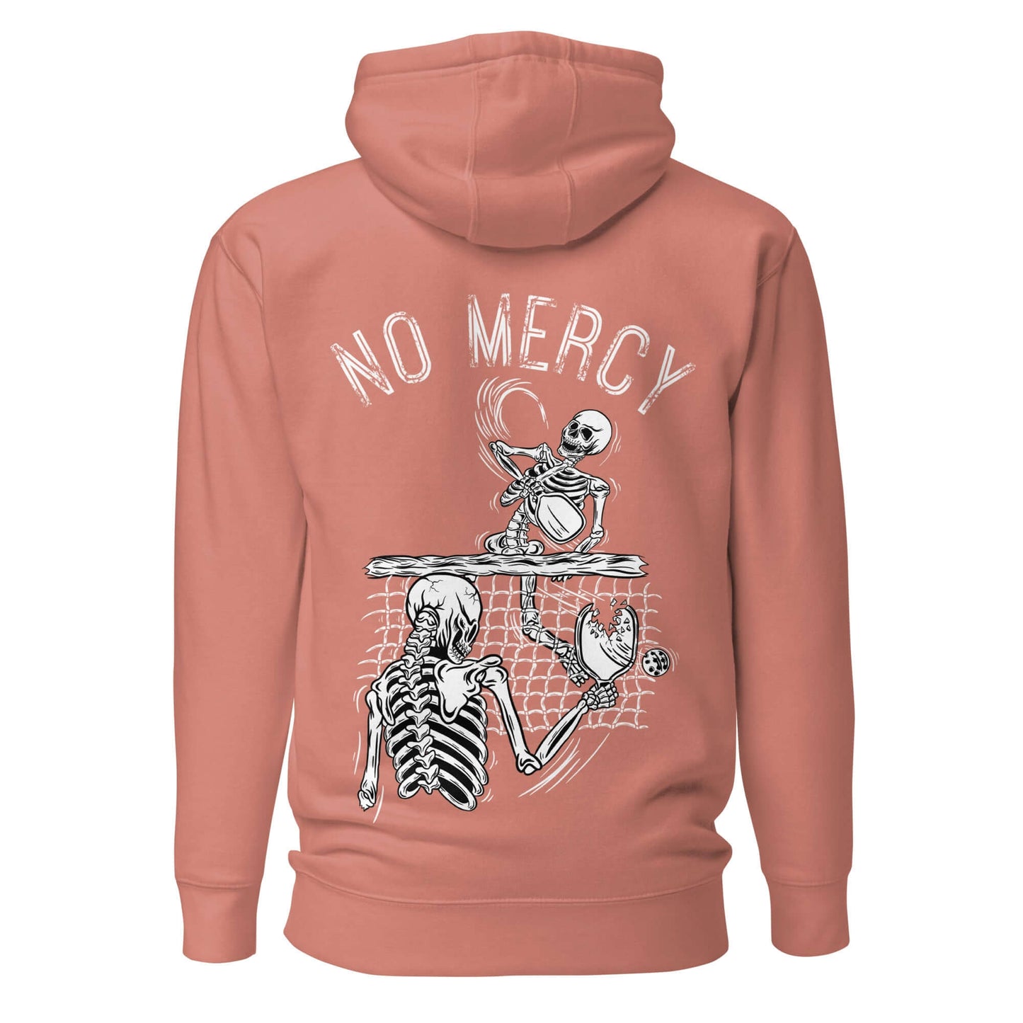 No Mercy Pickleball Ultimate Comfort Hoodie with skeleton graphic, featuring front pouch pocket, in salmon color.