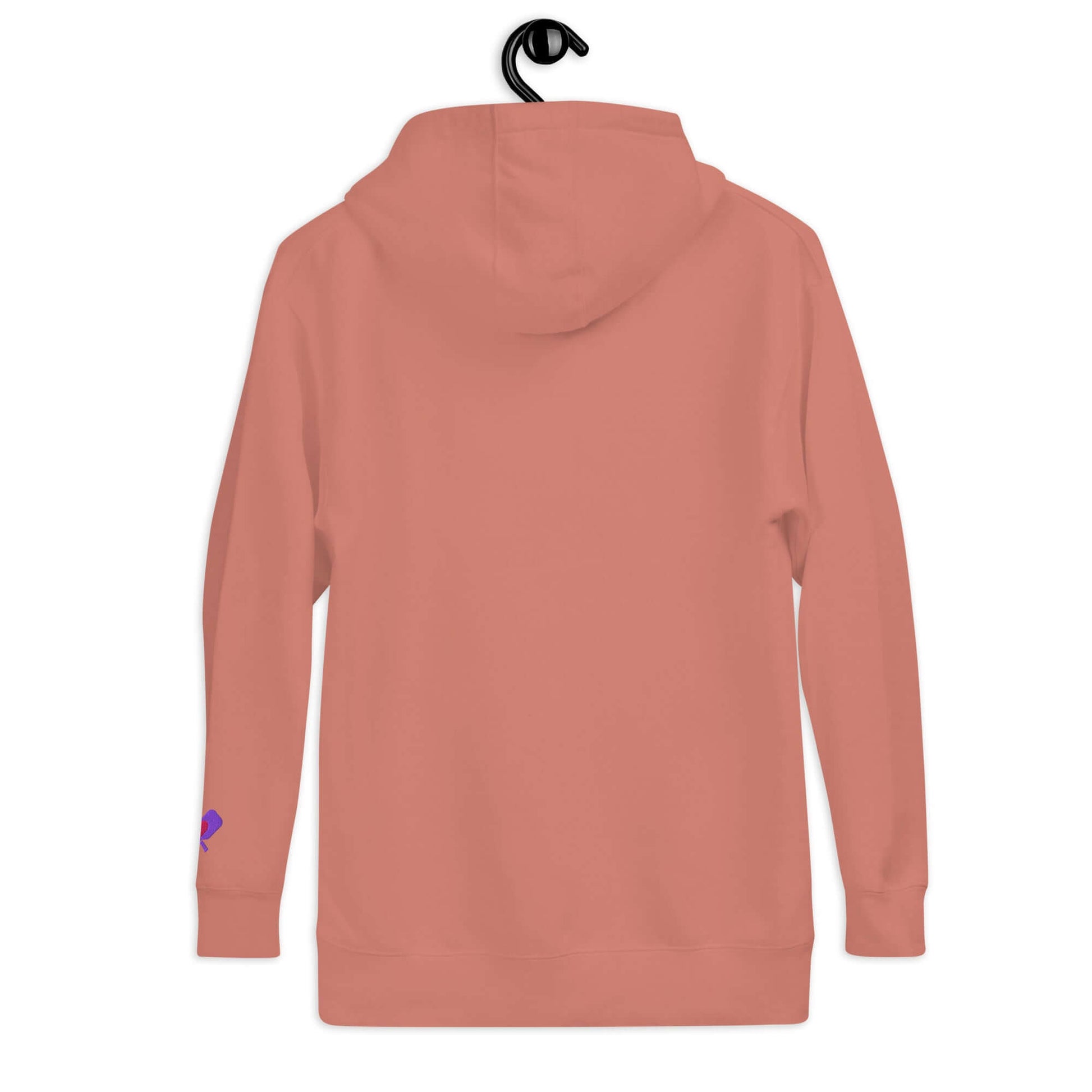 Back view of a Women's LOVE Pickleball Hoodie in a coral color, showcasing its cozy and stylish design.