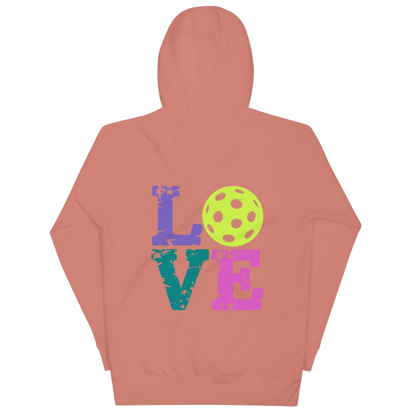 Back view of Women's LOVE Pickleball Hoodie featuring colorful LOVE text and a bright yellow pickleball graphic.