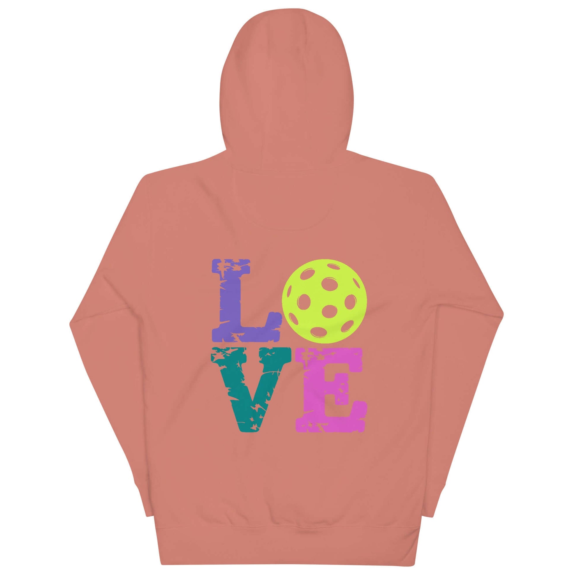 Back view of Women's LOVE Pickleball Hoodie featuring colorful LOVE text and a bright yellow pickleball graphic.