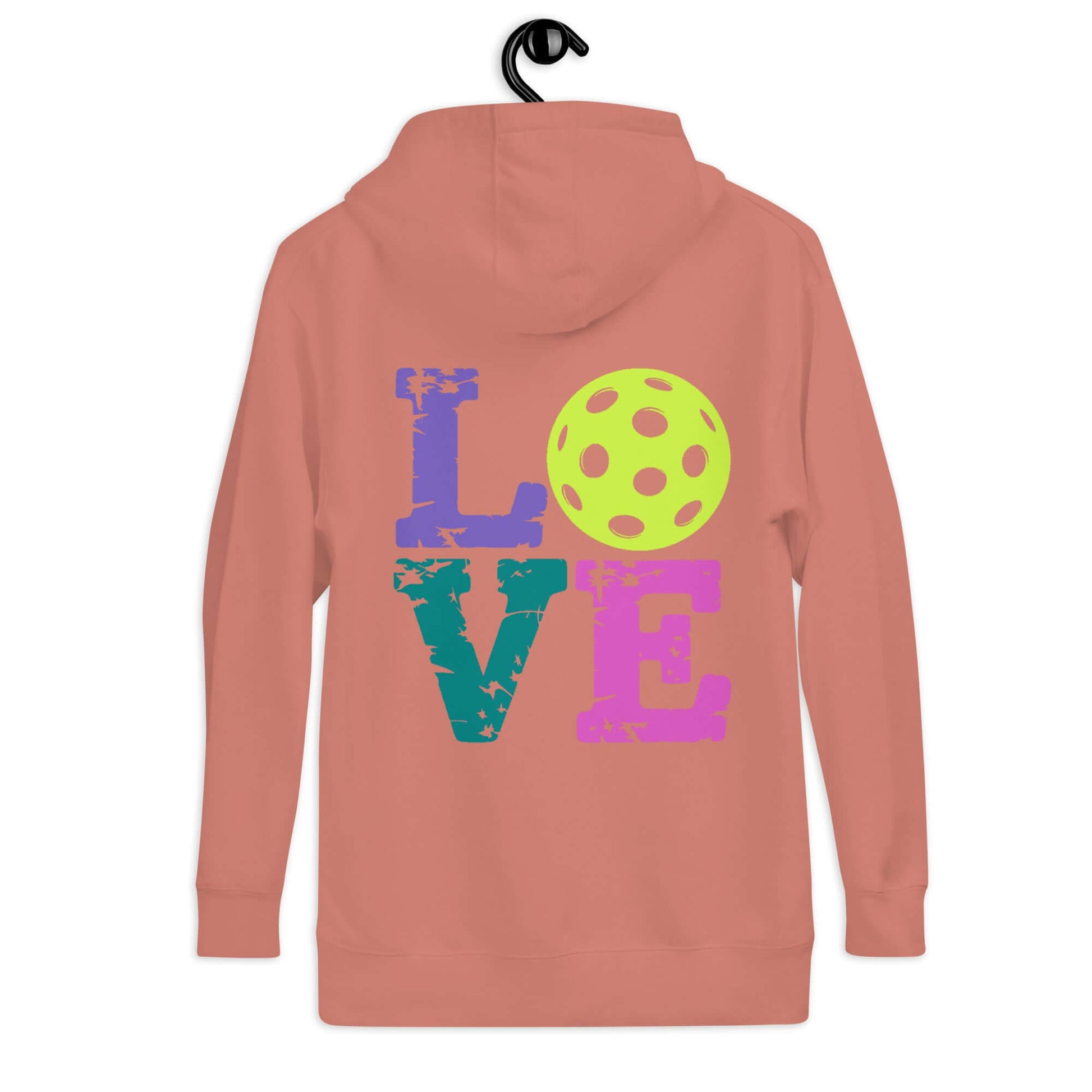 Back view of a Women's LOVE Pickleball Hoodie in coral with colorful text and a pickleball design.