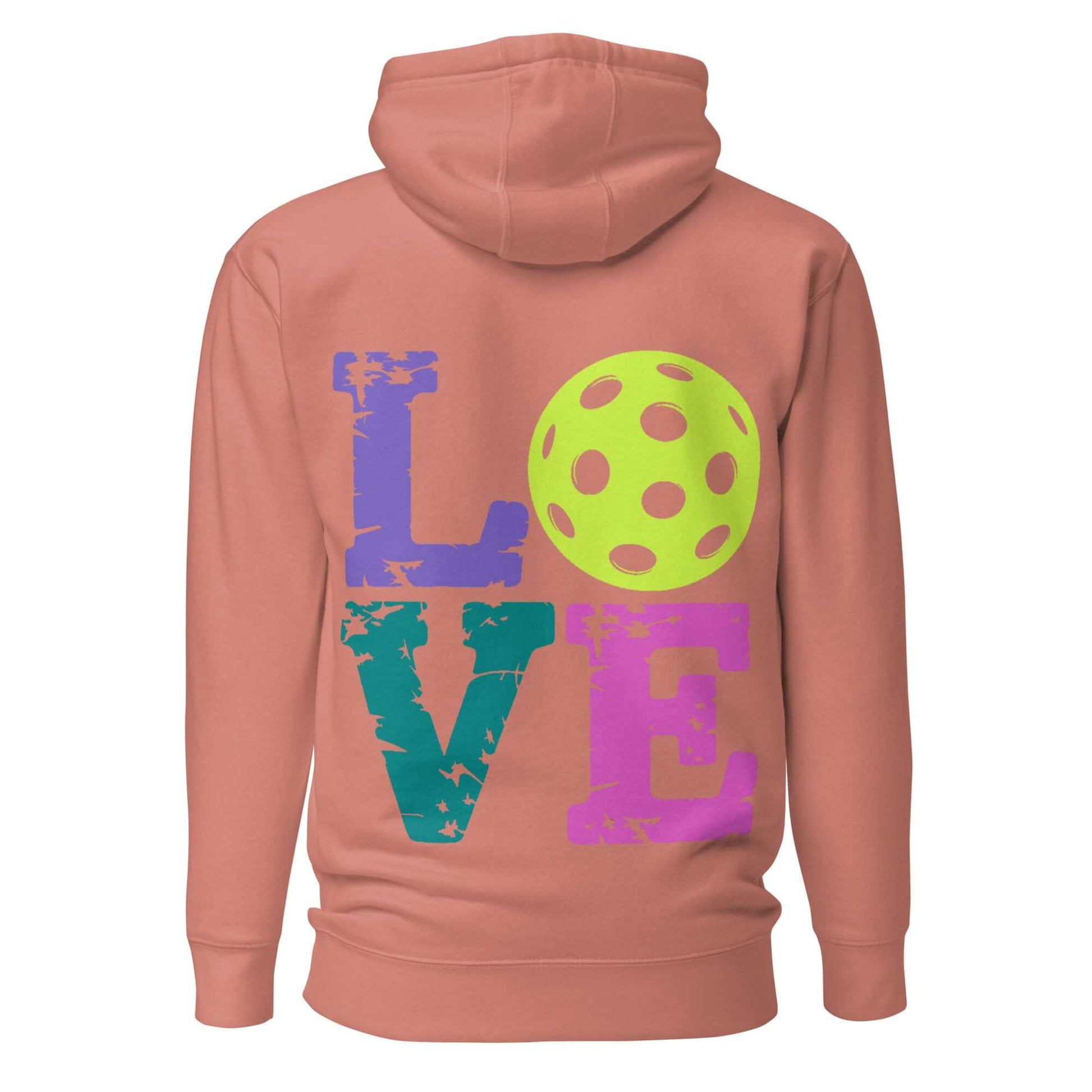 Back view of Women’s LOVE Pickleball Hoodie showcasing colorful LOVE design and pickleball graphic.