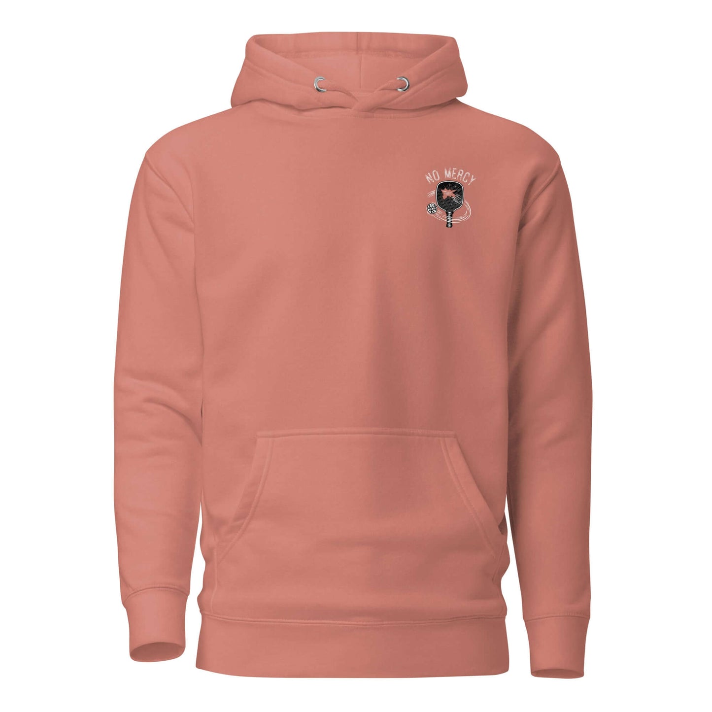 No Mercy Pickleball Series Ultimate Comfort Hoodie in coral, featuring soft cotton blend and front pouch pocket for style and warmth