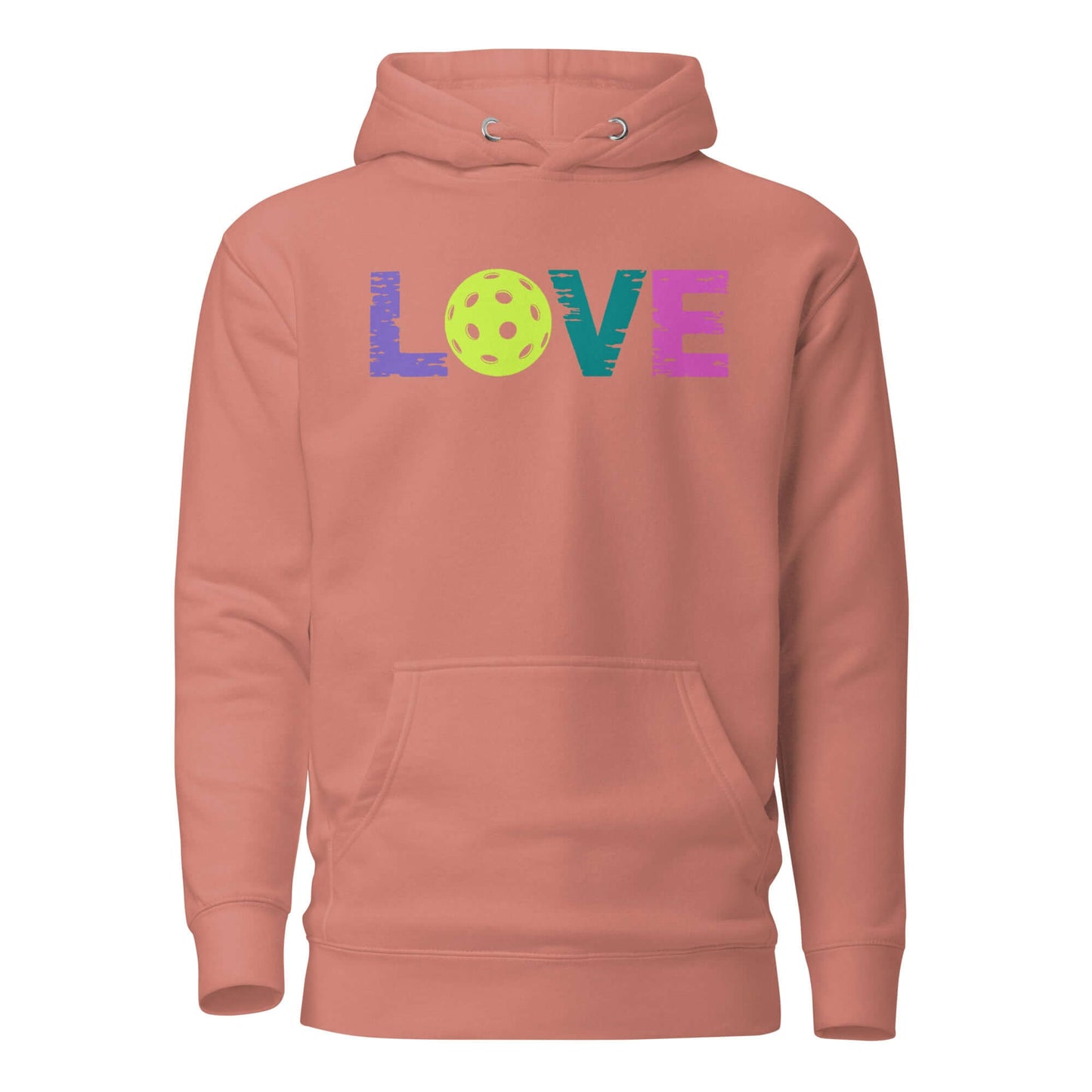 LOVE Pickleball Hoodie in coral, featuring colorful letters and a pickleball graphic, perfect for players and fans.