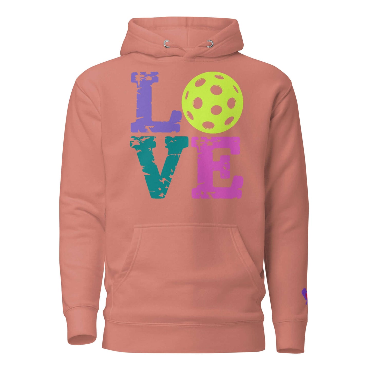 Women’s LOVE Pickleball Hoodie in coral with colorful LOVE letters and a pickleball design.