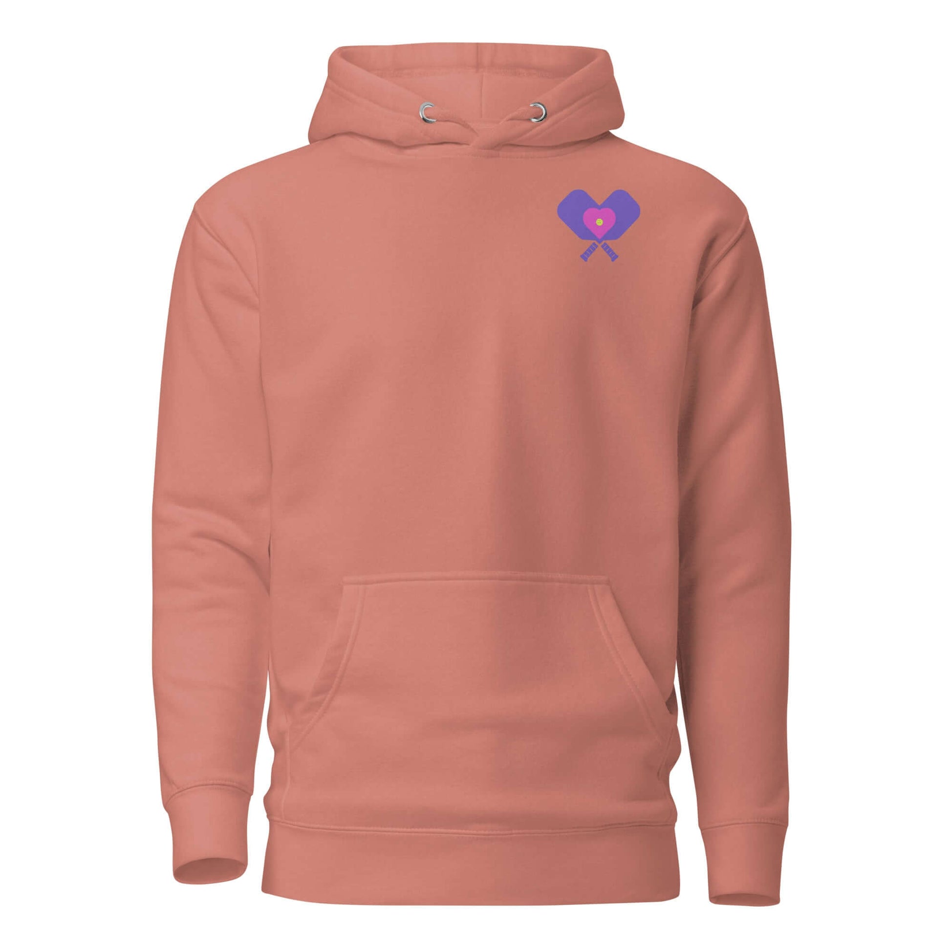 Women's LOVE Pickleball Hoodie in coral with heart and paddle design, perfect for comfort on and off the court.