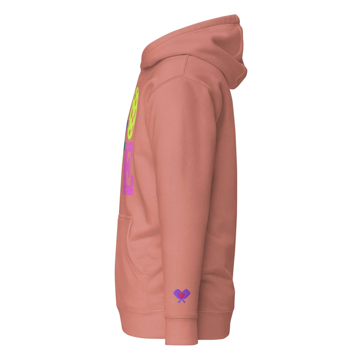 Side view of Women's LOVE Pickleball Hoodie in peach color, showcasing vibrant graphics and cozy design.