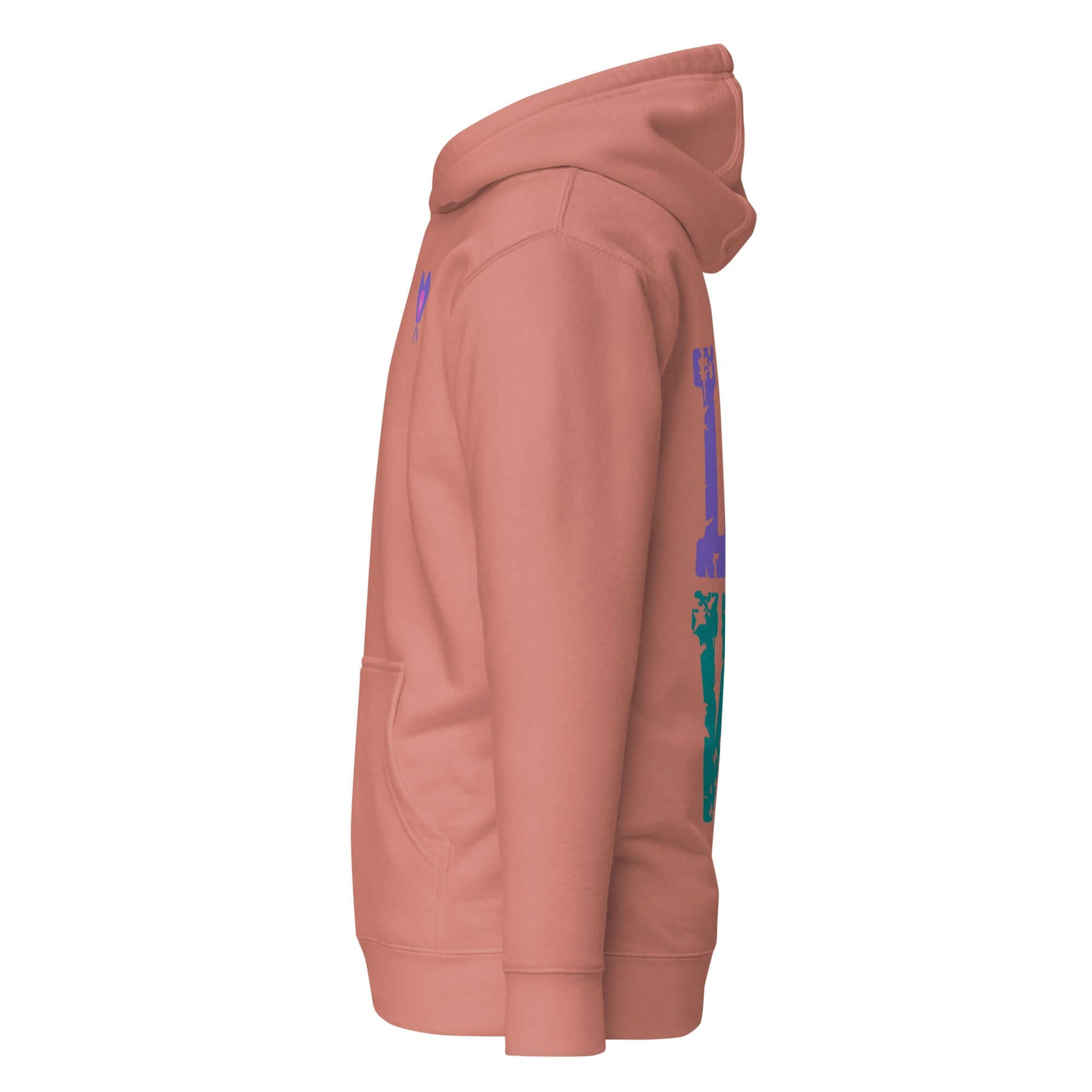 Side view of Women’s LOVE Pickleball Hoodie in peach color, showcasing colorful designs and cozy fit.