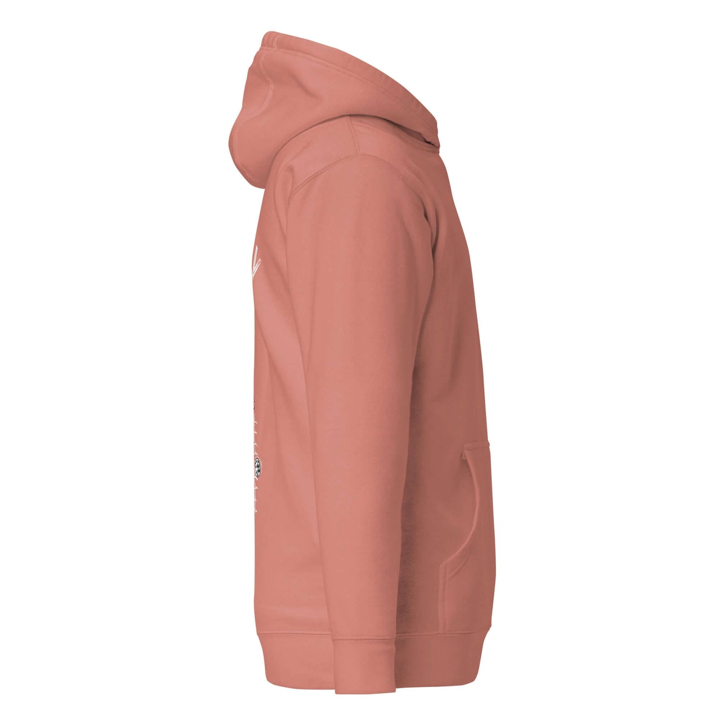 No Mercy Pickleball Series hoodie in coral, side view, showcasing front pouch pocket and hood, made from cotton-polyester blend for comfort.