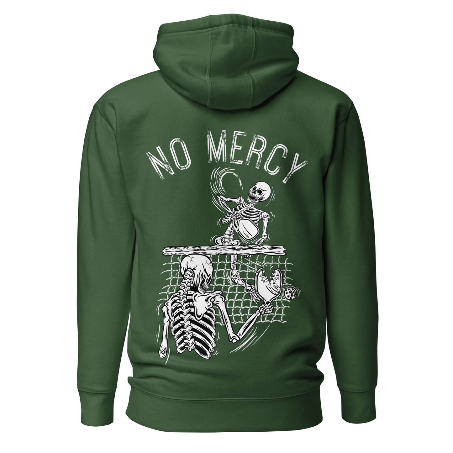 Green pickleball hoodie with "No Mercy" and skeleton graphic, offering ultimate comfort and style.