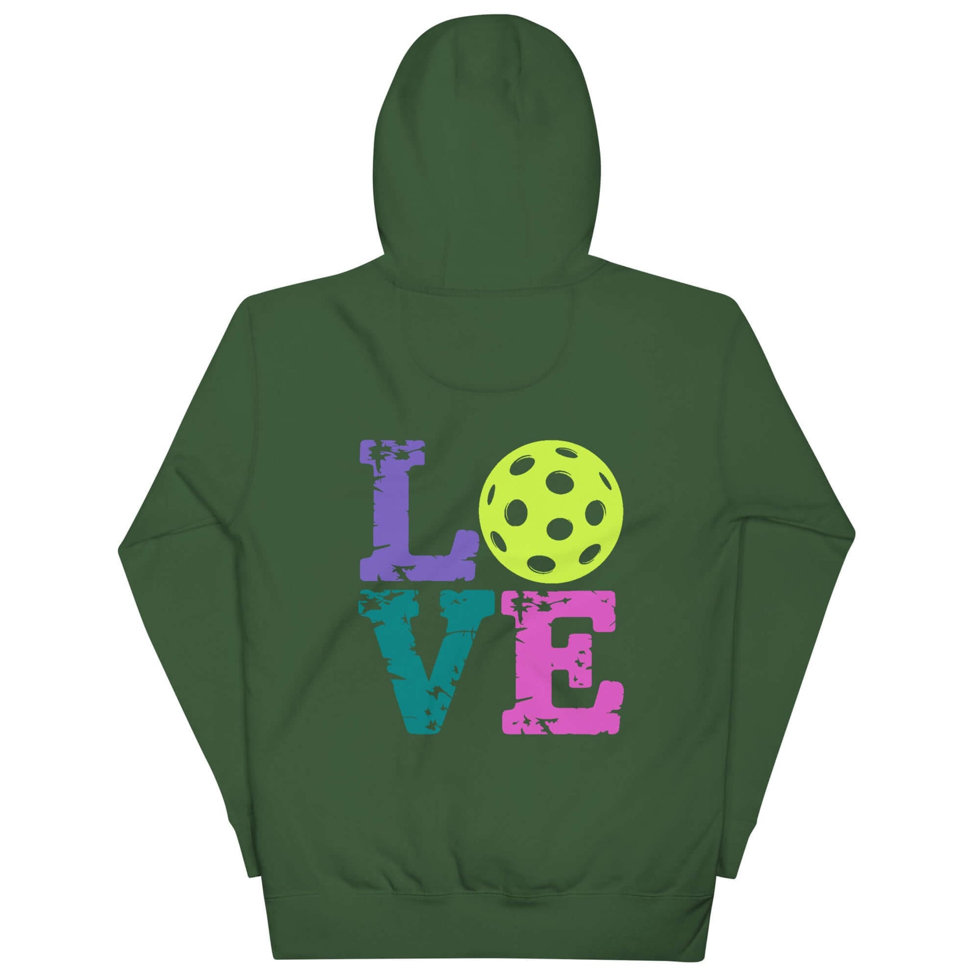 Back view of Women's LOVE Pickleball Hoodie in green, featuring colorful LOVE text and a pickleball graphic.