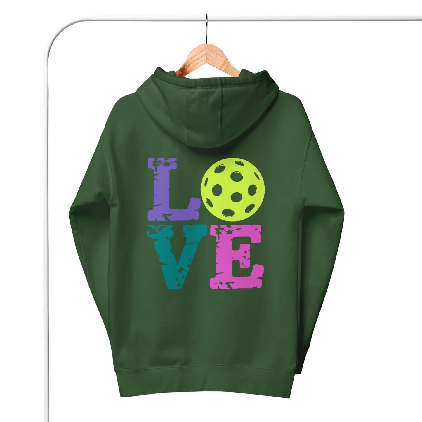 Back view of Women's LOVE Pickleball Hoodie featuring colorful letters and a pickleball design.