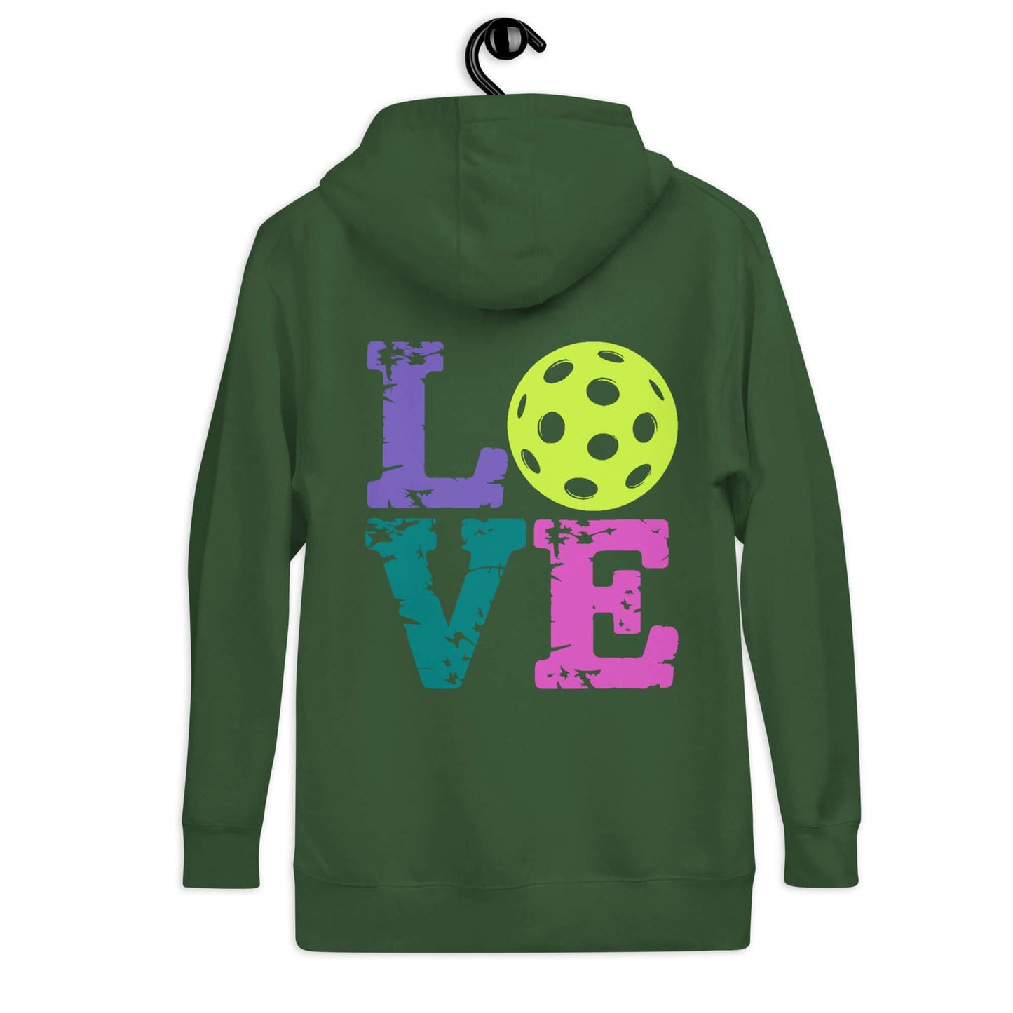 Back view of Women’s LOVE Pickleball Hoodie featuring colorful letters and a pickleball design.