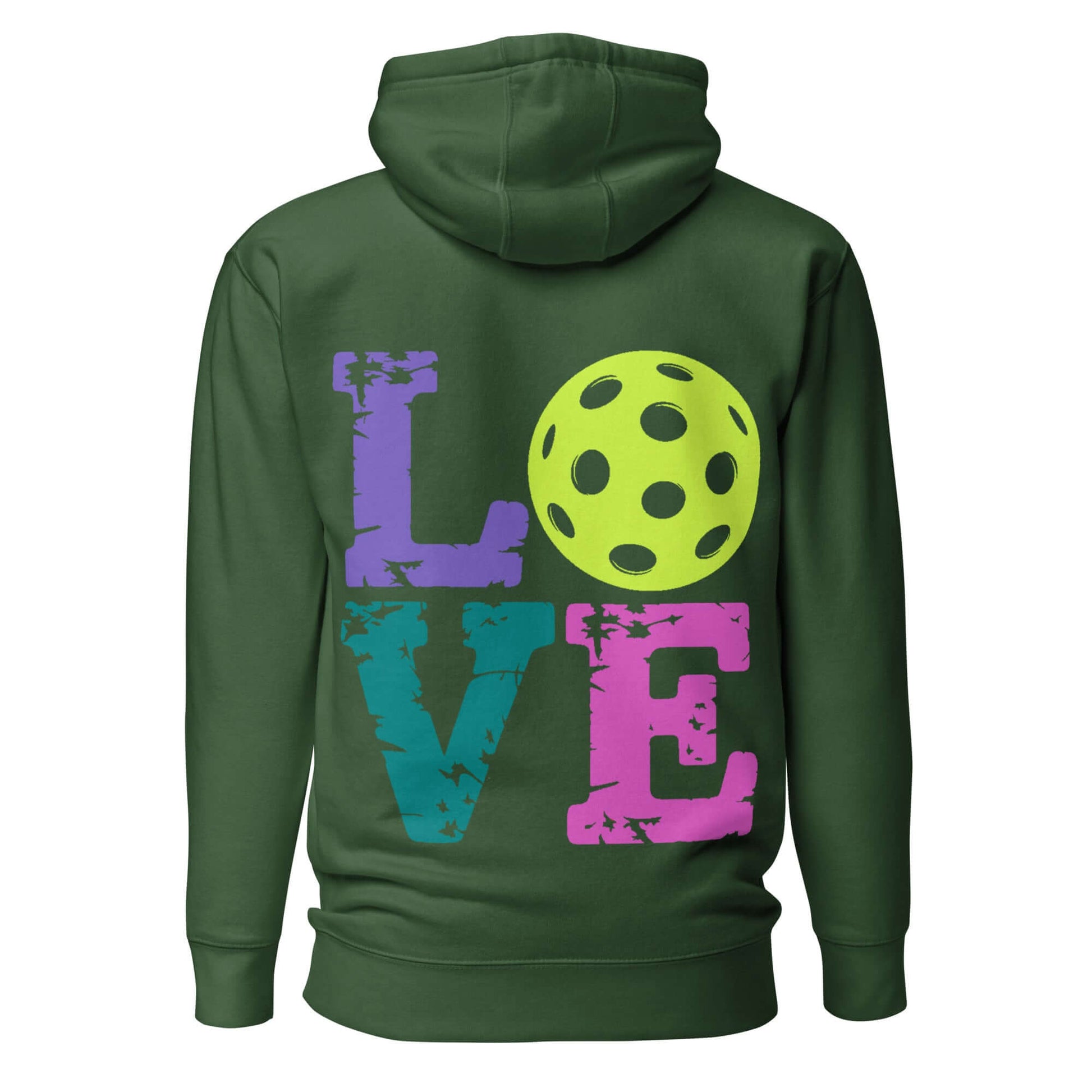 Back view of Women's LOVE Pickleball Hoodie with a colorful design featuring the word 'LOVE' and a pickleball.