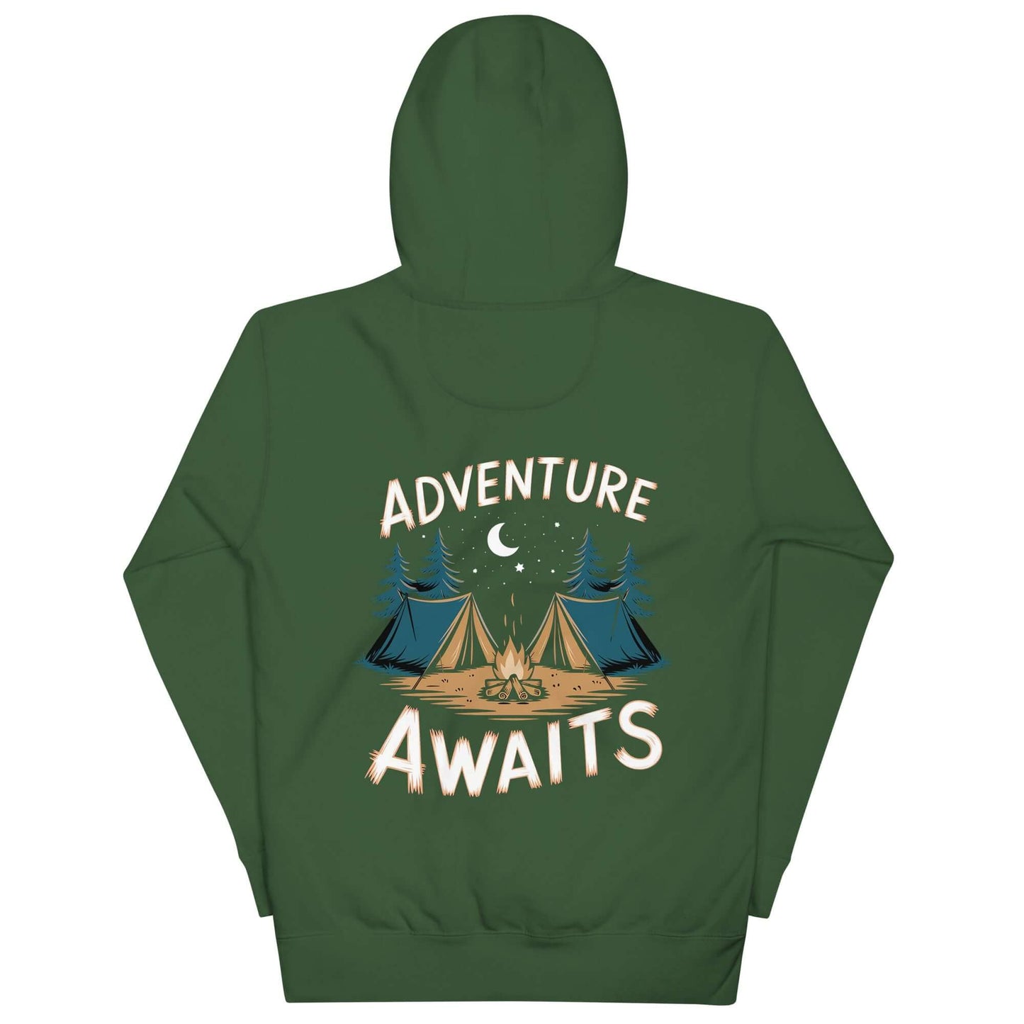 Adult unisex hoodie featuring 'Adventure Awaits' graphic with tents, perfect for camping enthusiasts and Scout leaders.