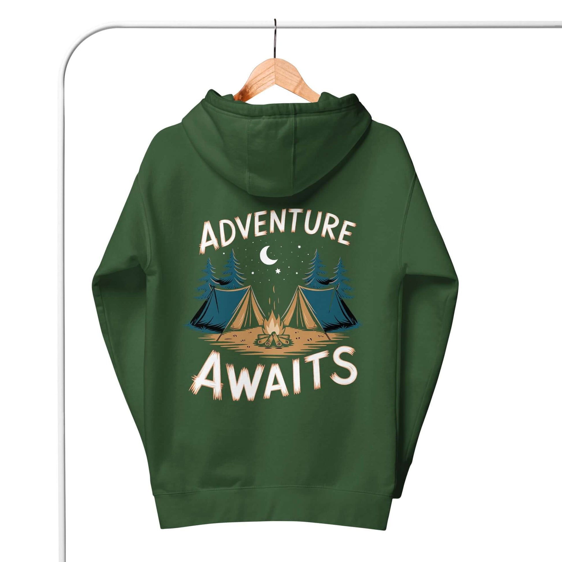 Adult unisex hoodie in green with 'Adventure Awaits' and camping graphic, perfect for Troop 262 members.