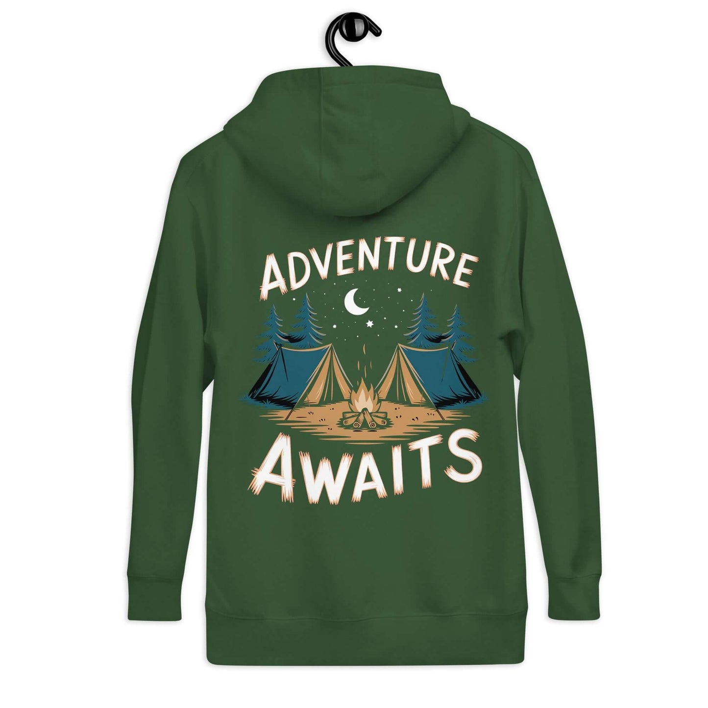 Adult unisex hoodie in green with 'Adventure Awaits' design and camping tents. Ideal for Troop 262 members.