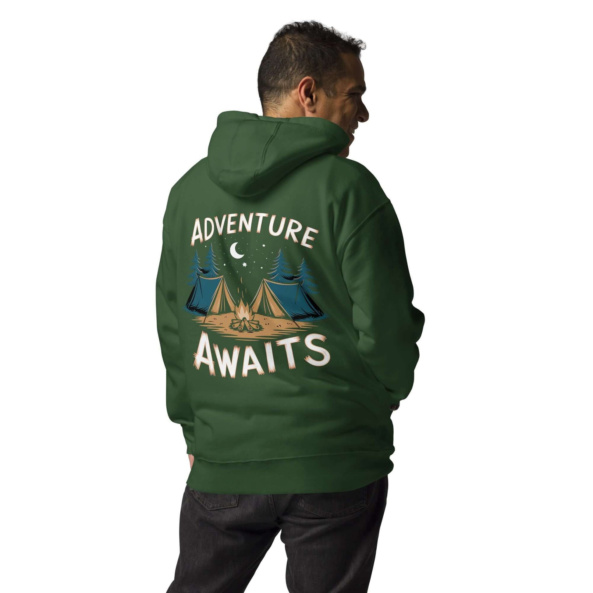 Adult Unisex Hoodie showing 'Adventure Awaits' design, perfect for camping and representing Troop 262.