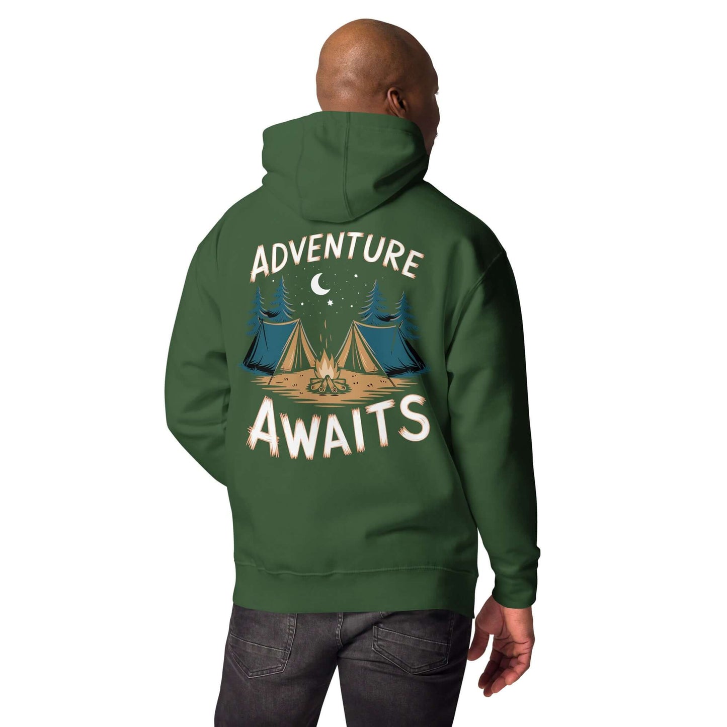 Adult unisex hoodie in green featuring 'Adventure Awaits' and camping graphic for Troop 262.