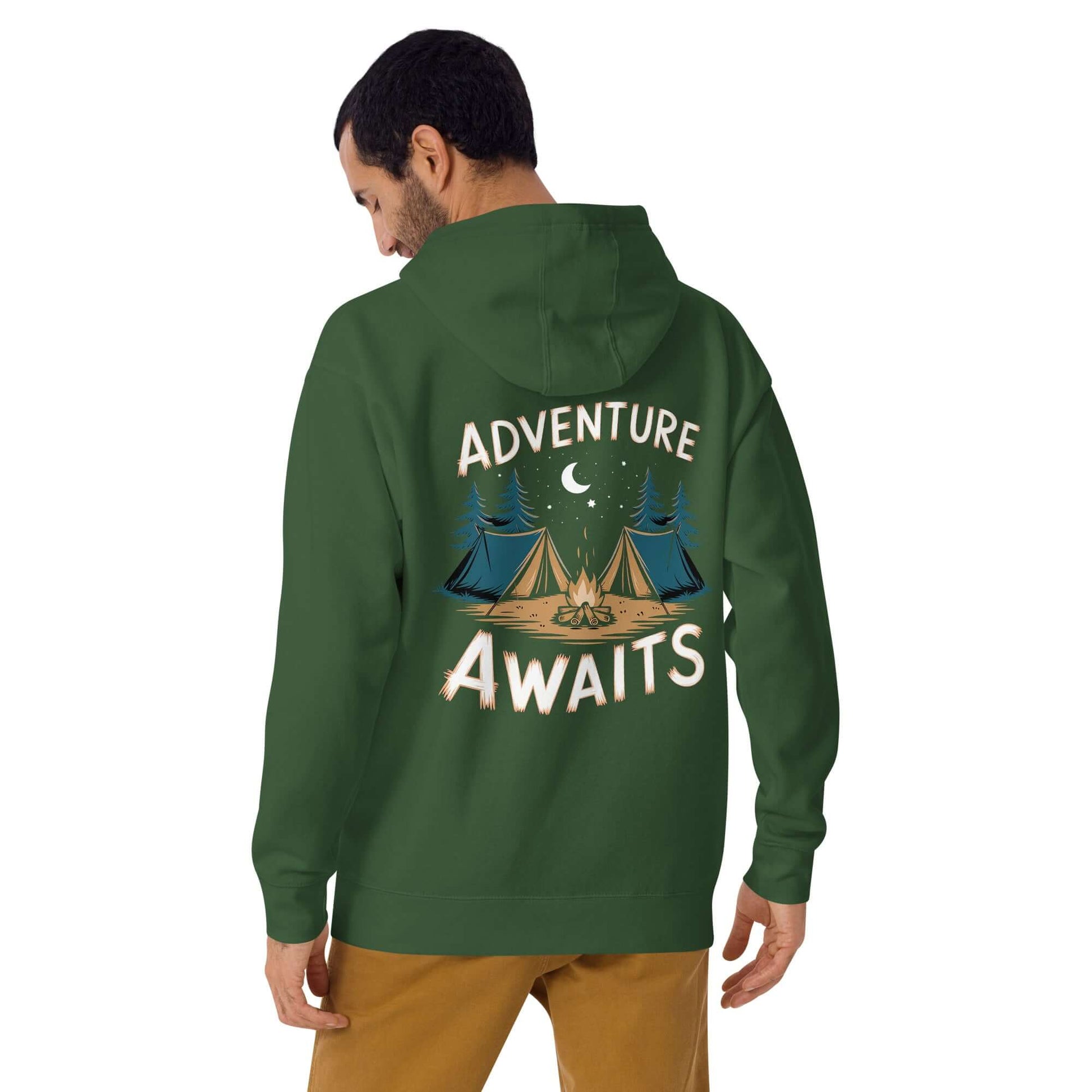 Adult unisex hoodie in green featuring 'Adventure Awaits' graphic and camping design, perfect for Troop 262 members.