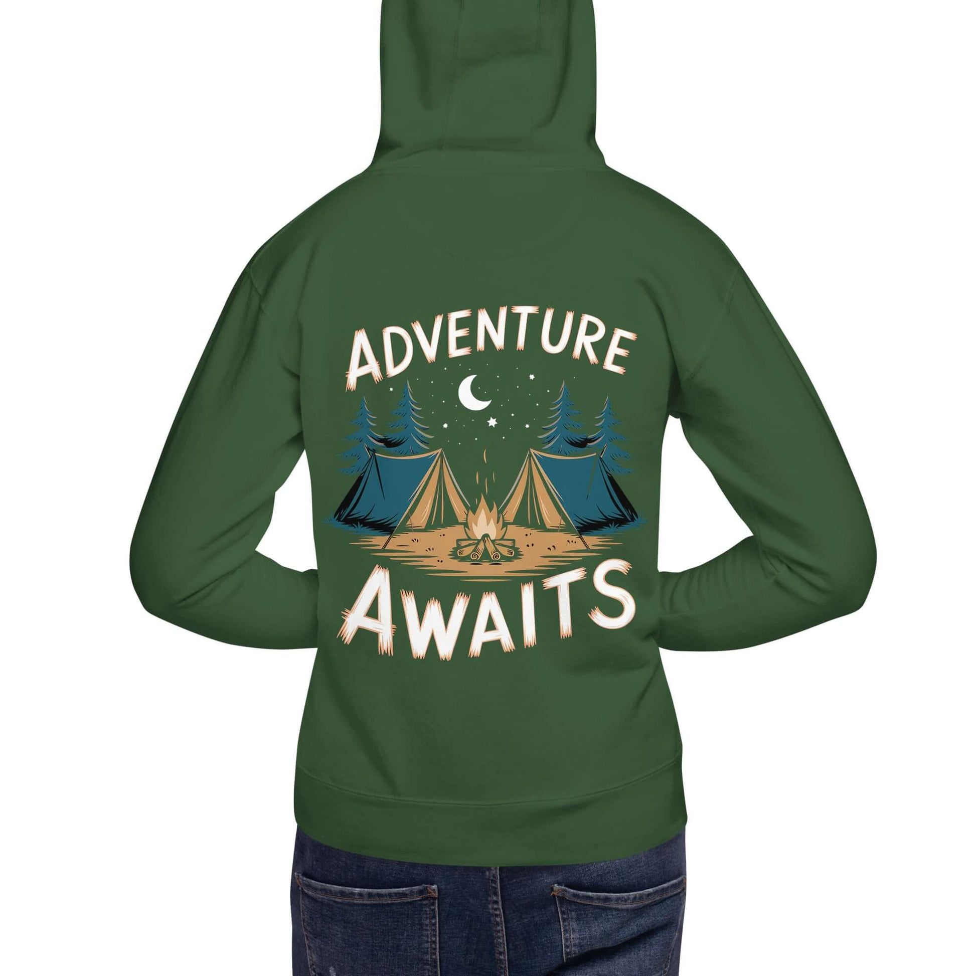 Adult unisex hoodie with 'Adventure Awaits' design, featuring camping tents and trees on back.