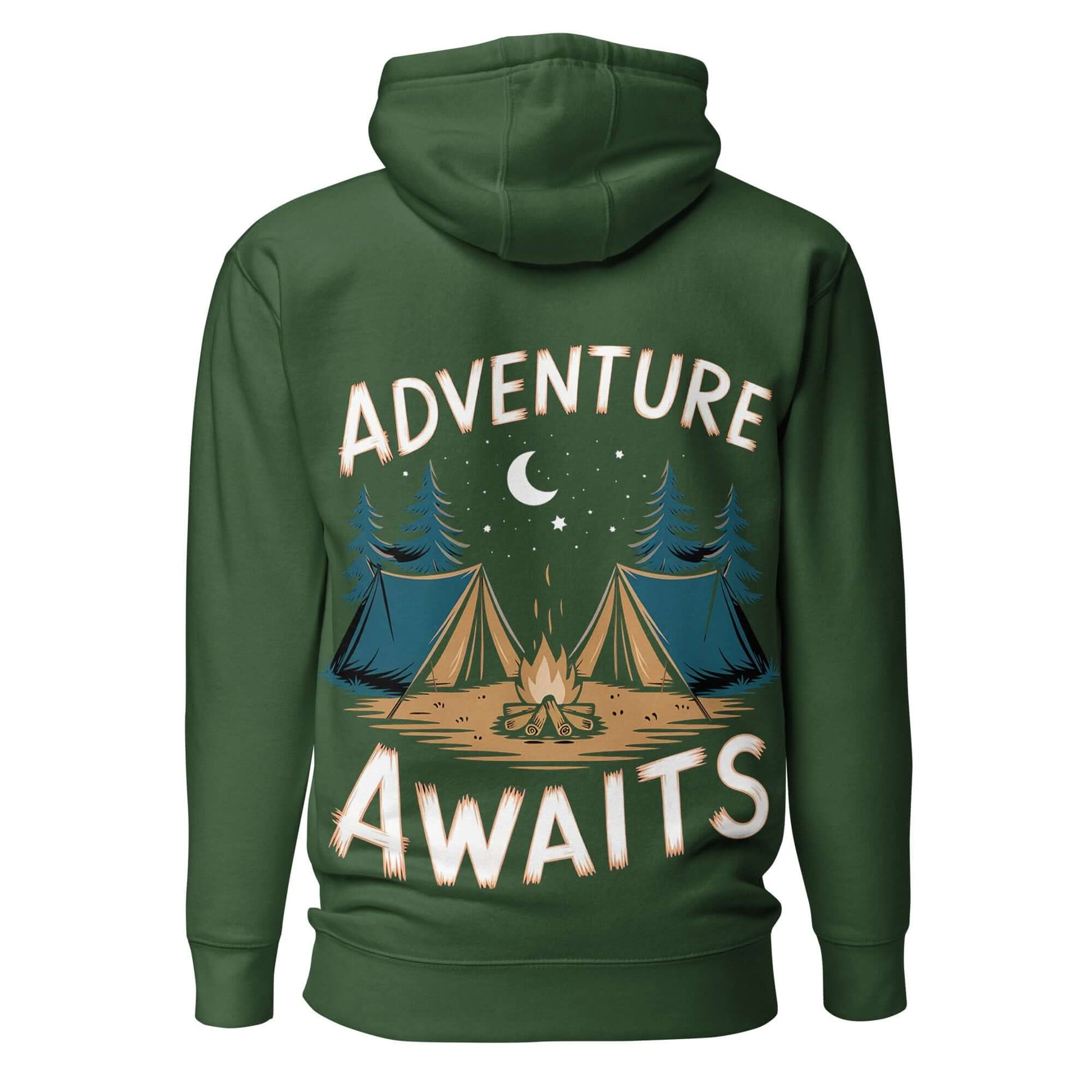 Adult Unisex Hoodie featuring 'Adventure Awaits' design with tents and campfire, ideal for outdoor activities.