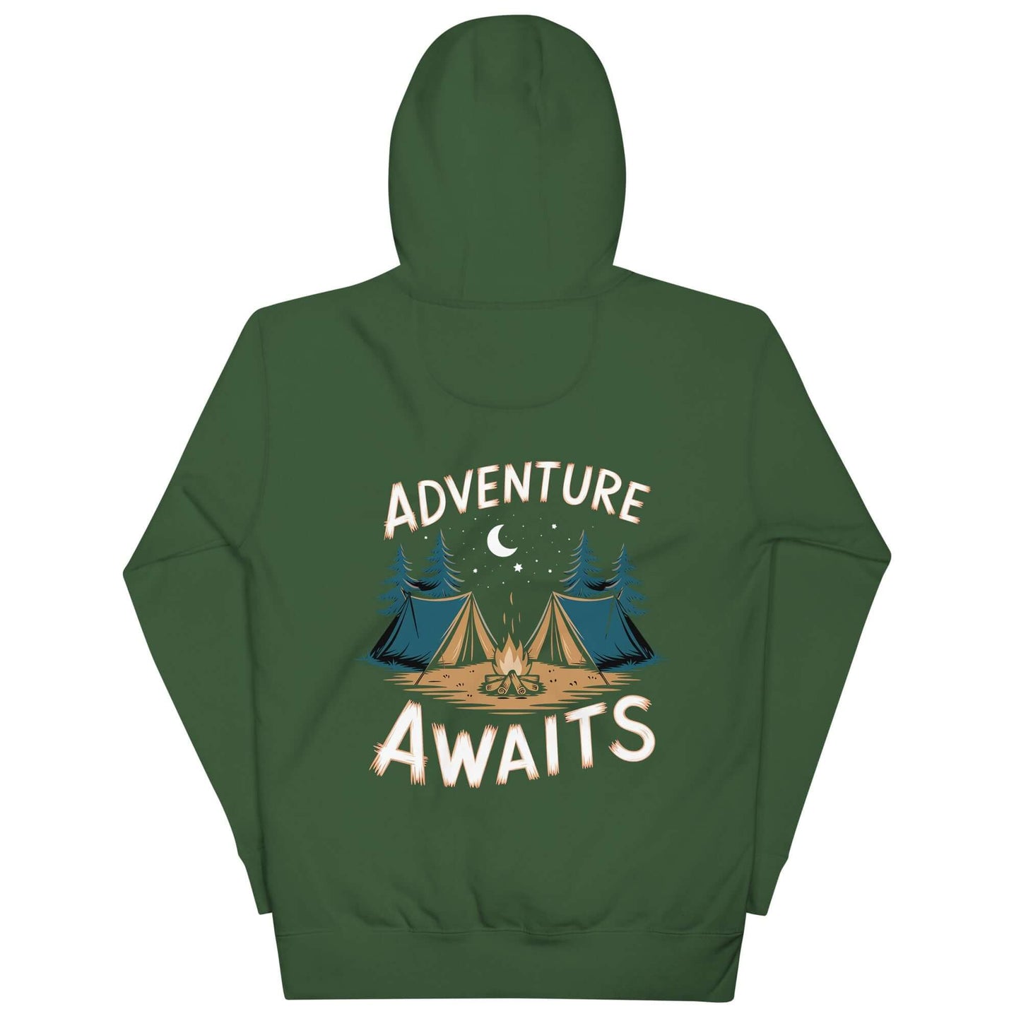 Adult unisex hoodie featuring 'Adventure Awaits' graphic with tents and a moon, perfect for outdoor enthusiasts.