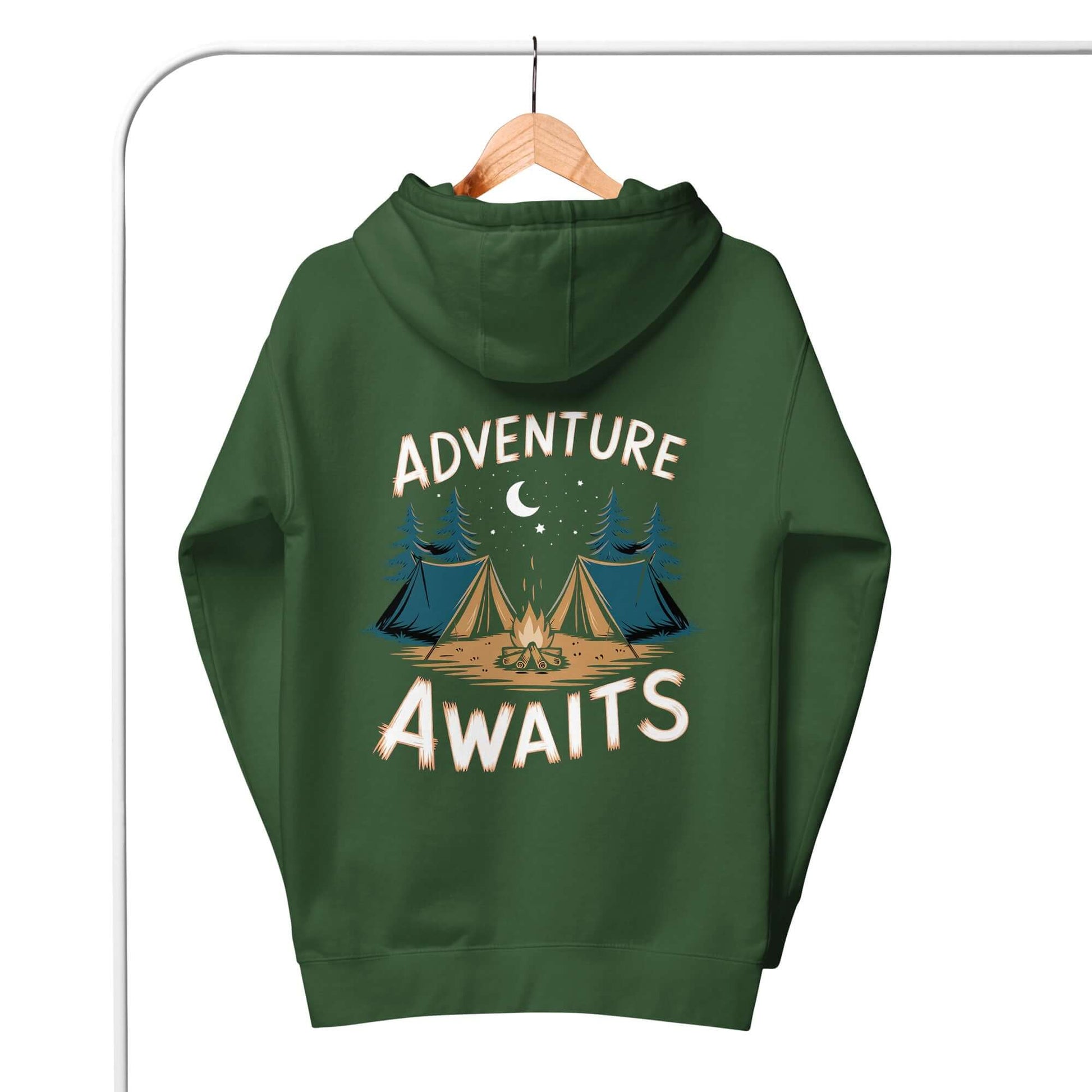 Adult unisex hoodie in green with 'Adventure Awaits' graphic featuring tents and trees.