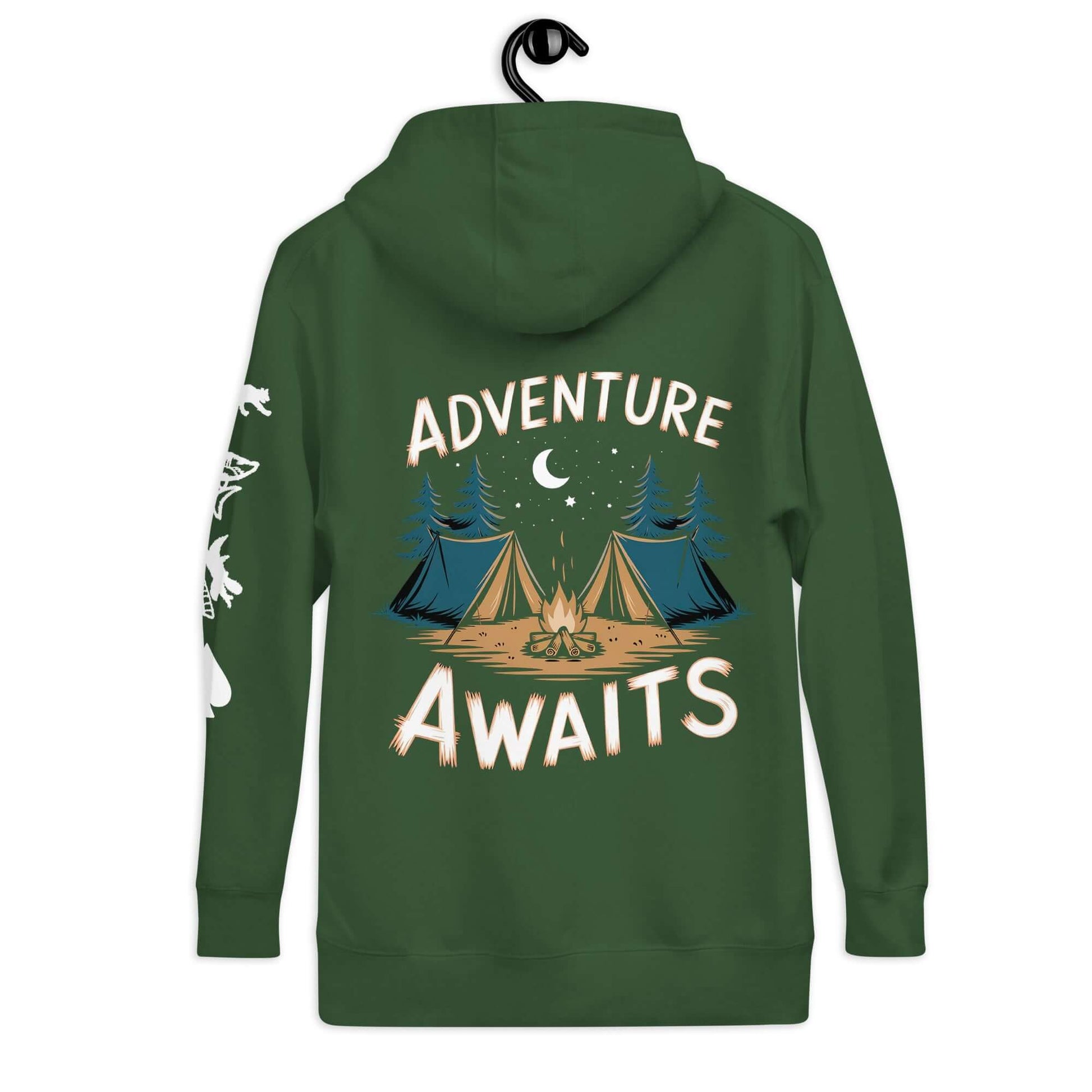 Adult Unisex Hoodie - ASM Camping Ultimate Edition with 'Adventure Awaits' and camping scene design.