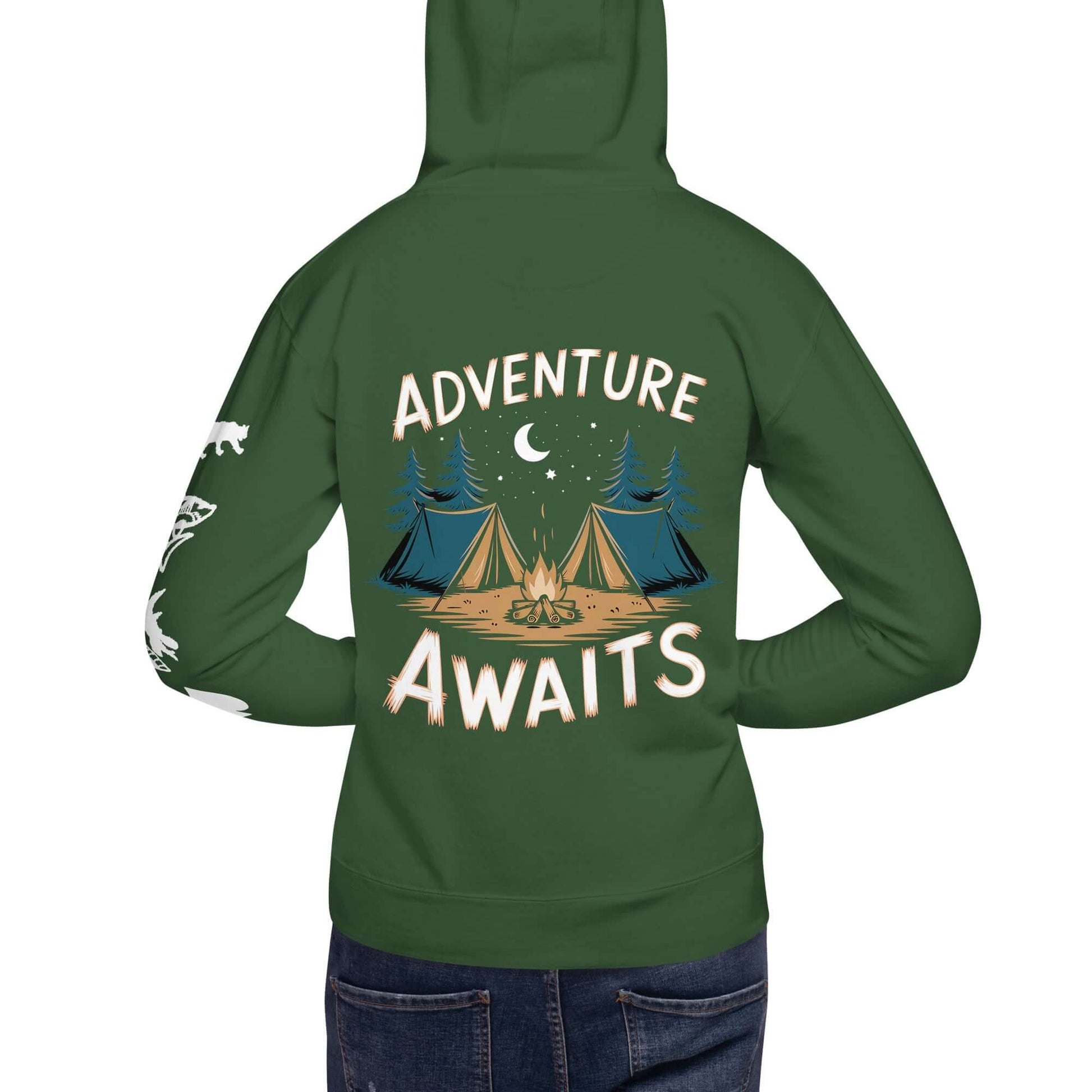 Back view of Adult Unisex Hoodie featuring 'Adventure Awaits' design with camping tents, perfect for outdoor enthusiasts.