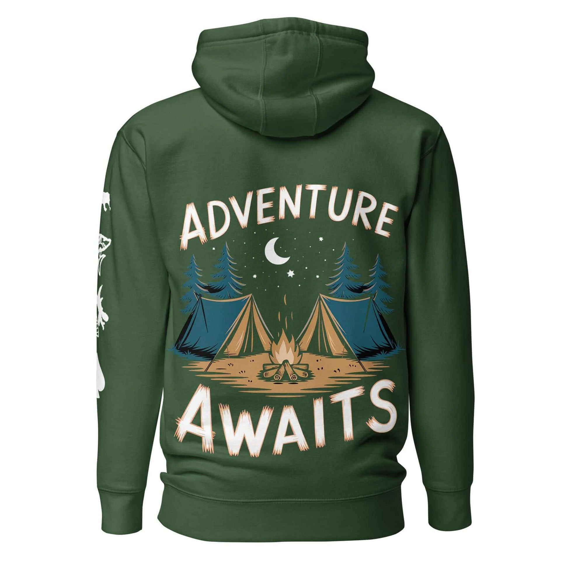 Adult Unisex Hoodie featuring a camping design with the phrase 'Adventure Awaits' on the back.