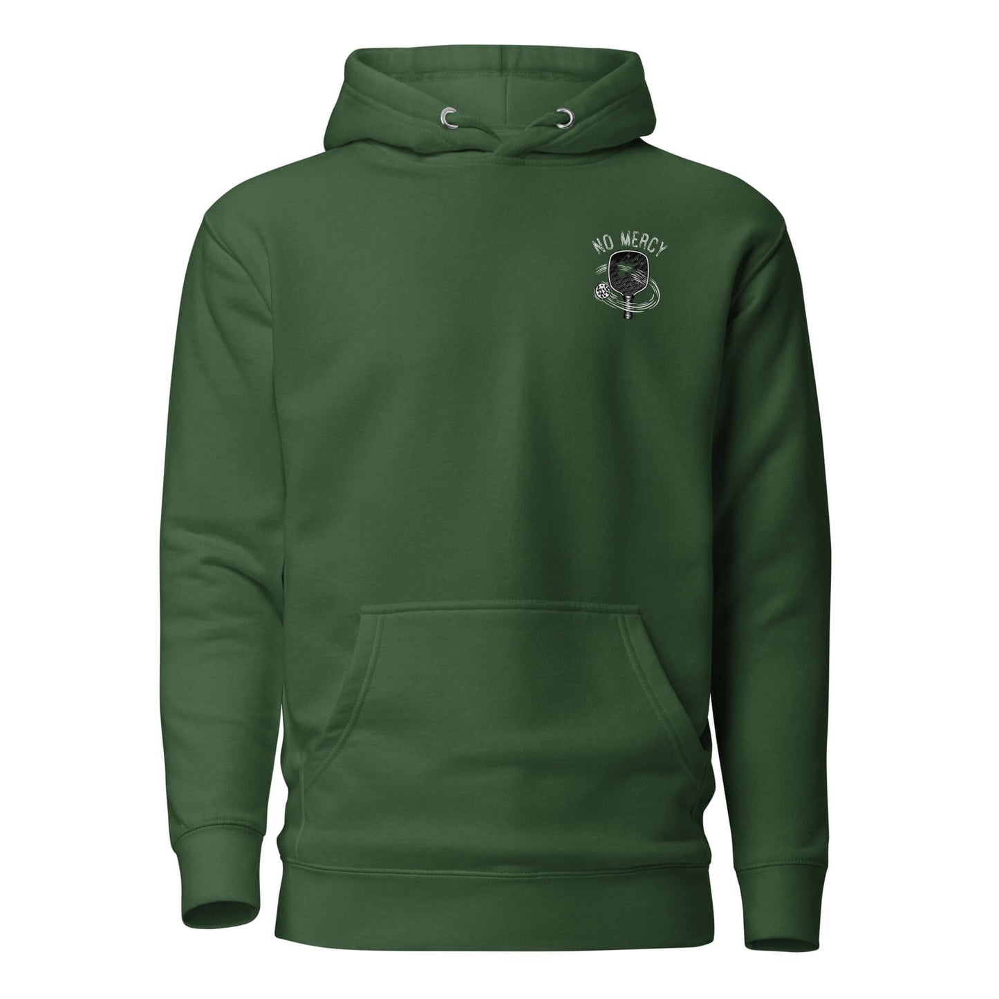 Green "No Mercy Pickleball Series" Ultimate Comfort Hoodie with front pouch pocket, crafted from cotton and polyester blend for softness.