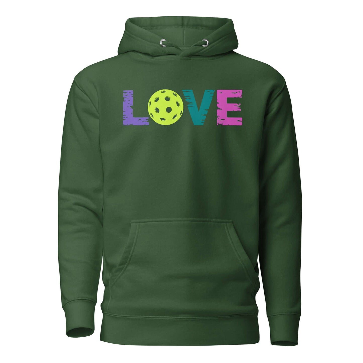 LOVE Pickleball Hoodie in green, featuring colorful text and a pickleball graphic, perfect for pickleball fans.