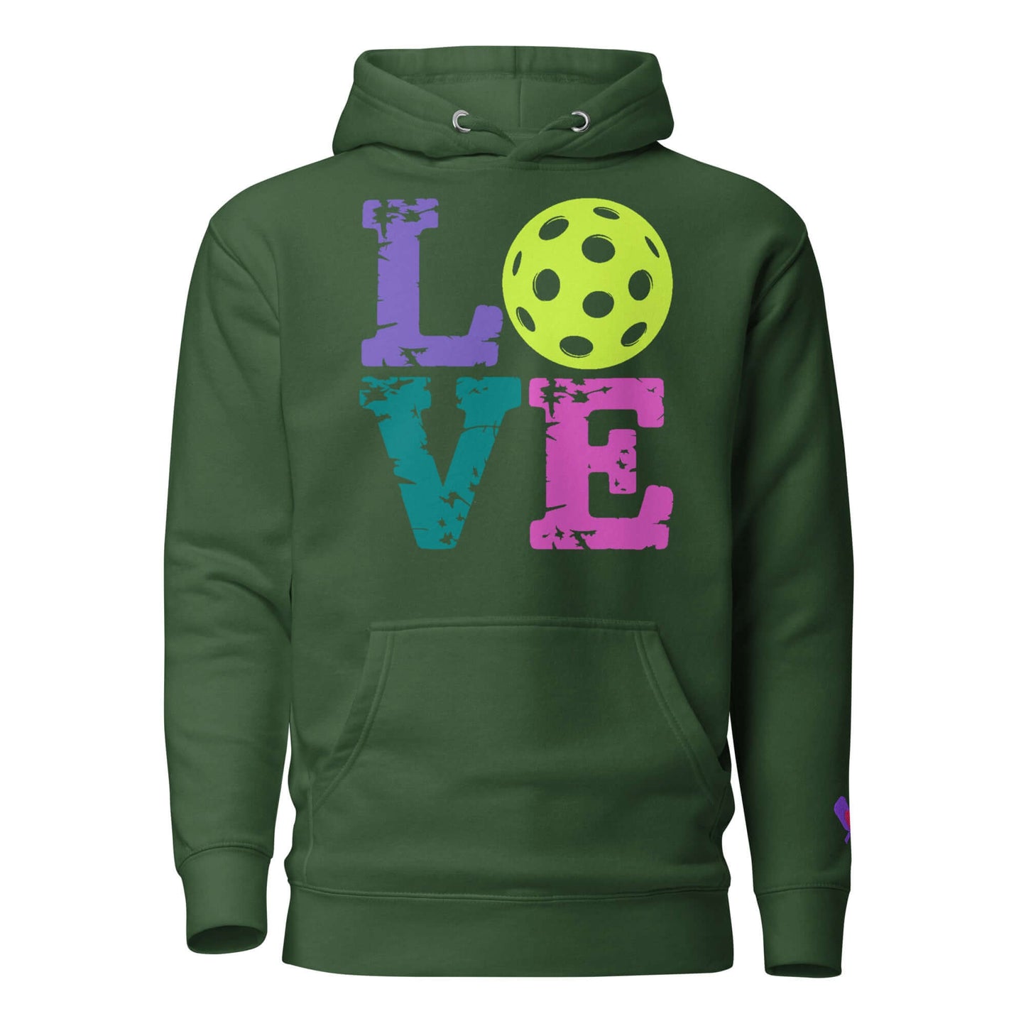 Women’s LOVE Pickleball Hoodie in green with colorful lettering and pickleball graphic, perfect for pickleball enthusiasts.