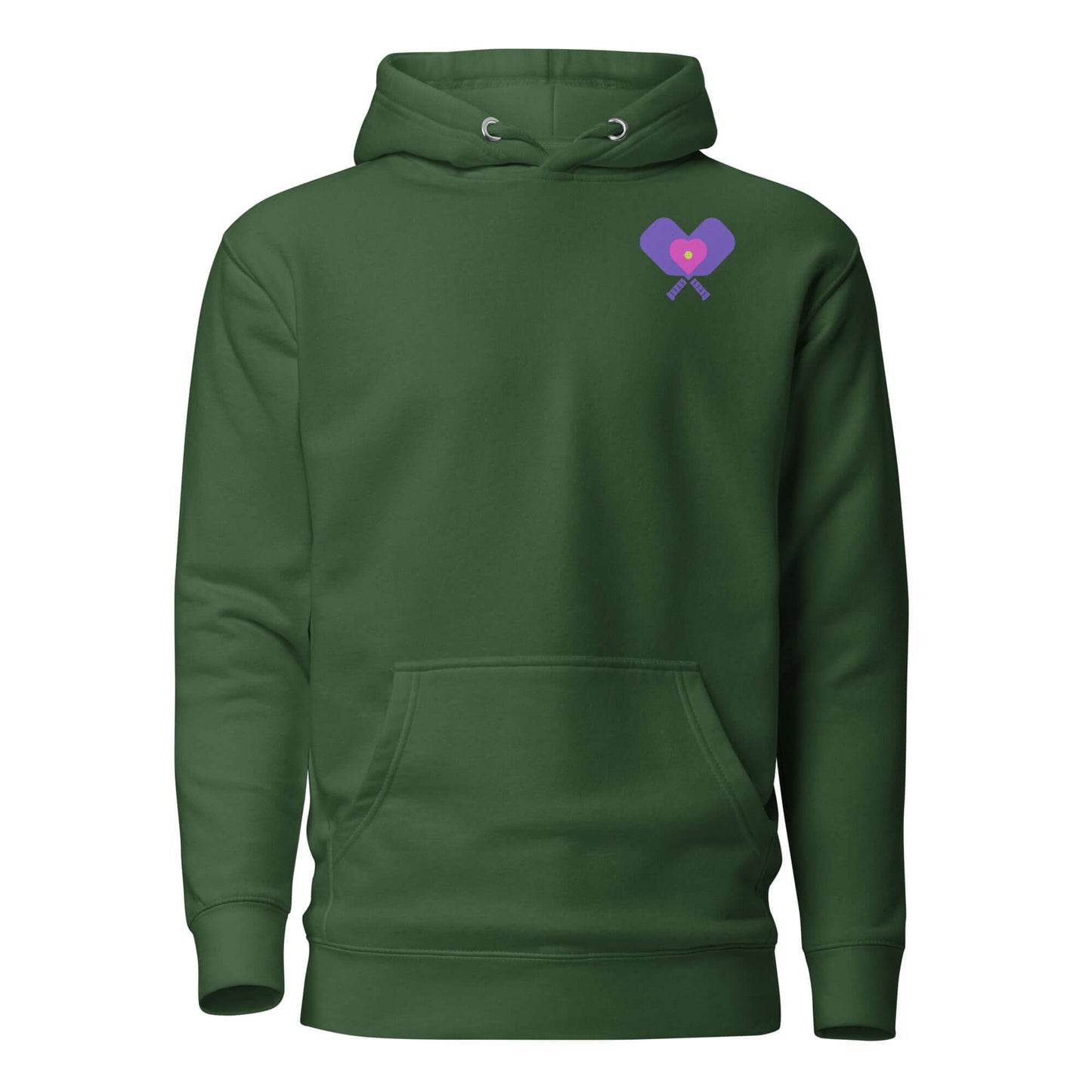 Women’s LOVE Pickleball Hoodie in green featuring a heart and crossed paddles design, perfect for pickleball fans.