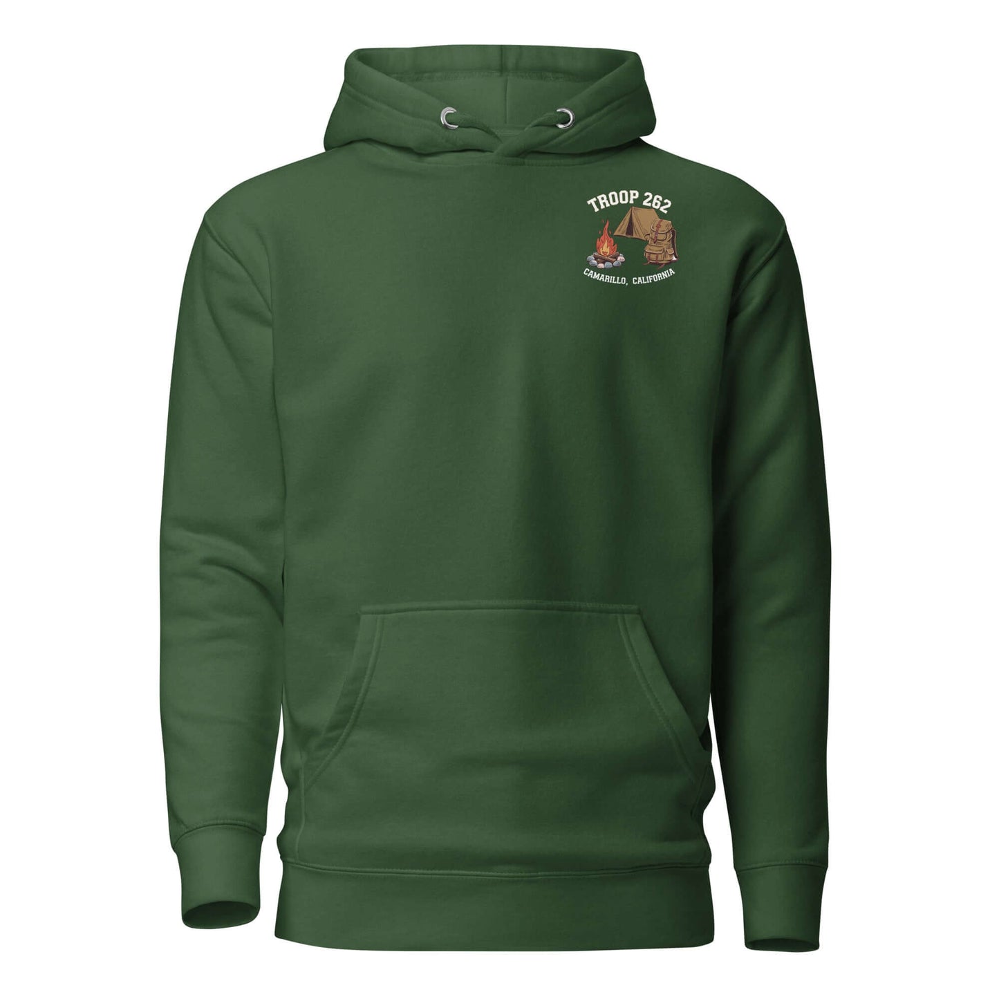 Adult unisex hoodie in green featuring Troop 262 logo, perfect for Assistant Scout Masters and camping.