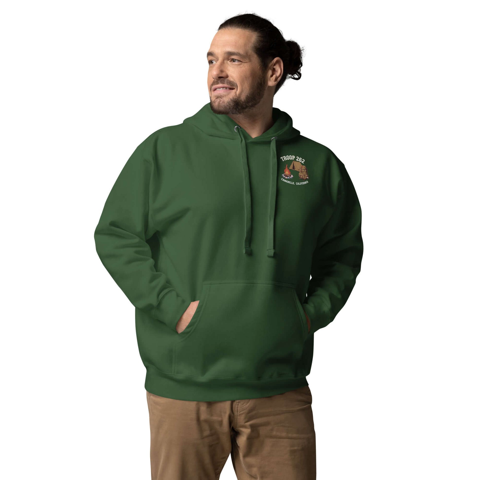 Adult unisex hoodie in green featuring Troop 262 design, perfect for Assistant Scout Masters and camping activities.