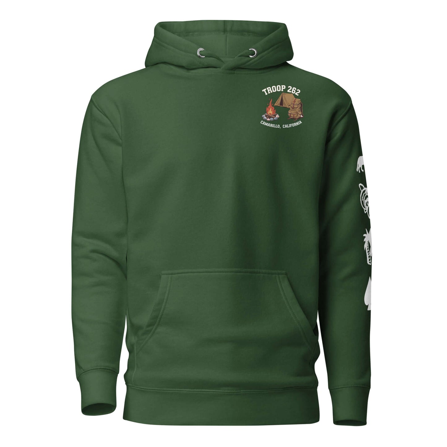 Adult Unisex Hoodie in green, featuring Troop 262 logo, ideal for camping and outdoor adventures.