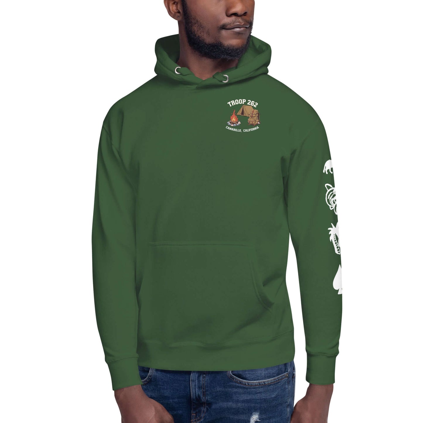 Adult unisex hoodie in green featuring Troop 262 logo, perfect for camping and outdoor adventures.