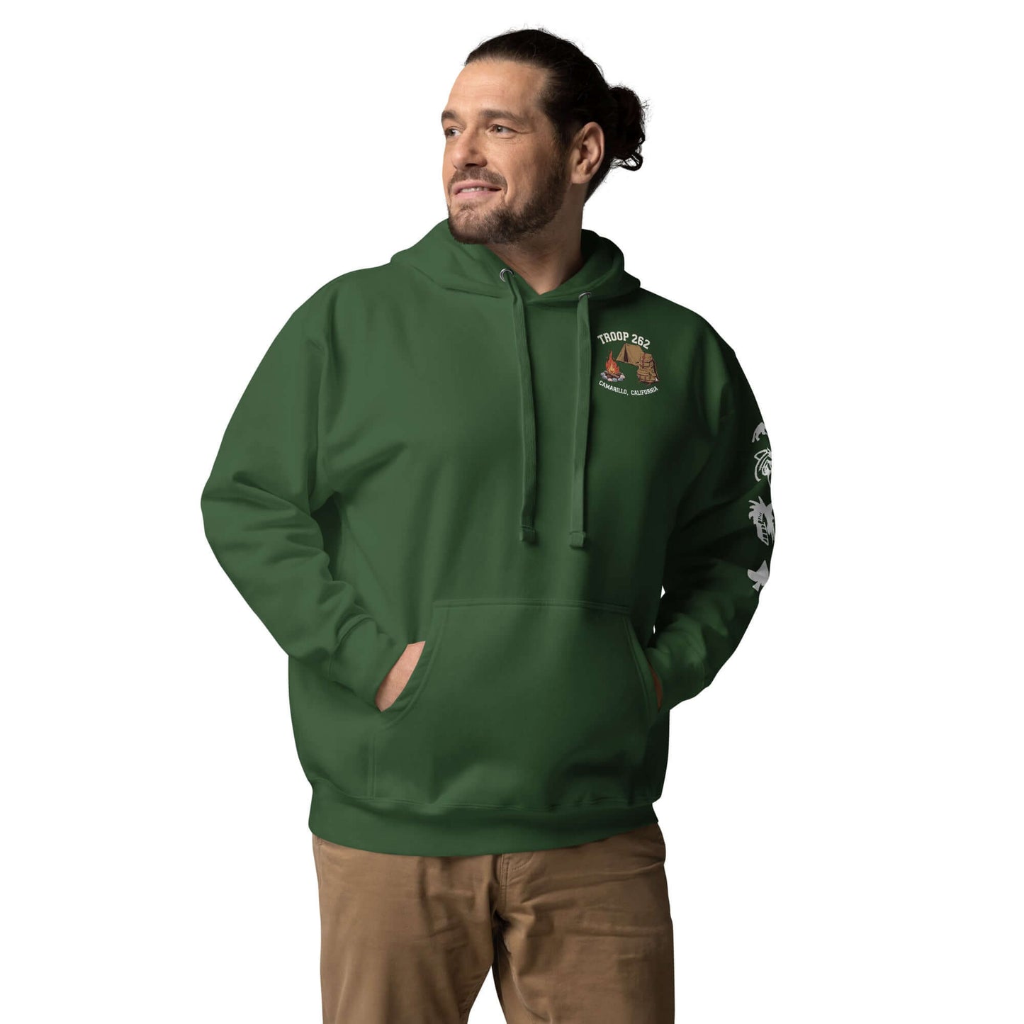 Adult unisex hoodie in green, featuring Troop 262 logo, ideal for camping adventures and Assistant Scout Masters.