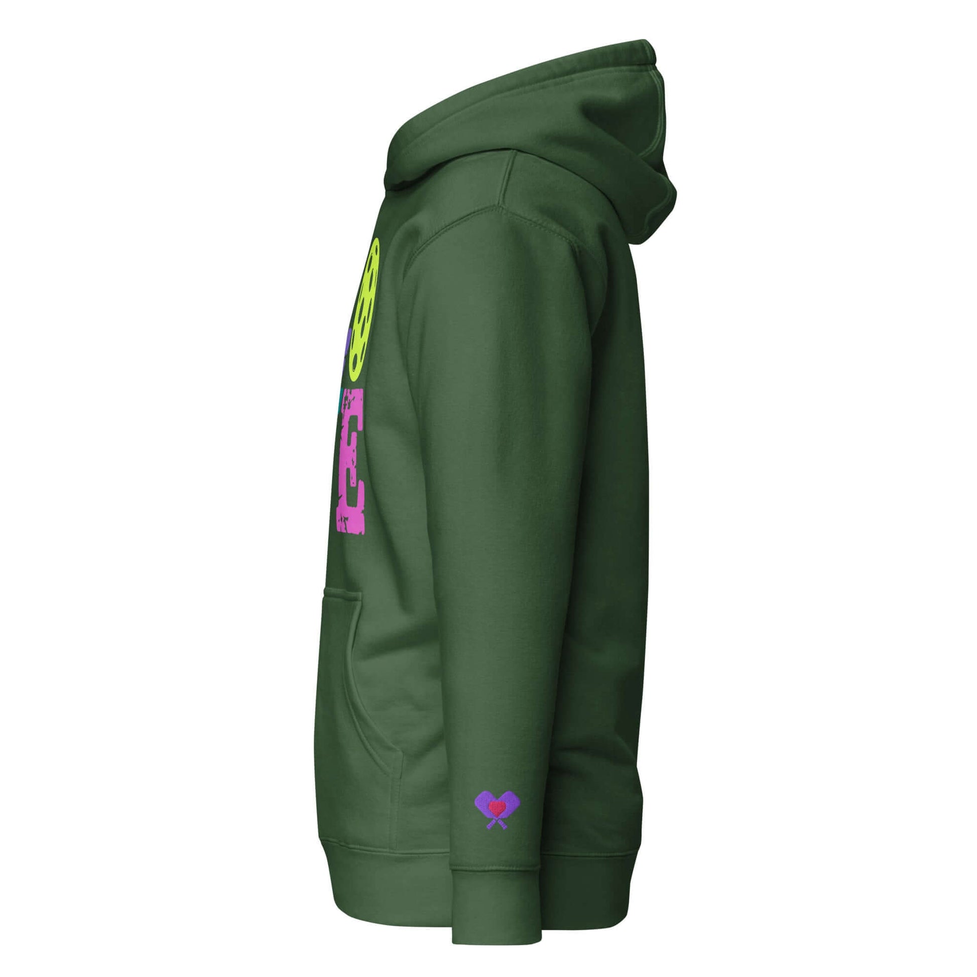 Side view of Women’s LOVE Pickleball Hoodie in green, showcasing vibrant graphics and cozy design for pickleball enthusiasts.