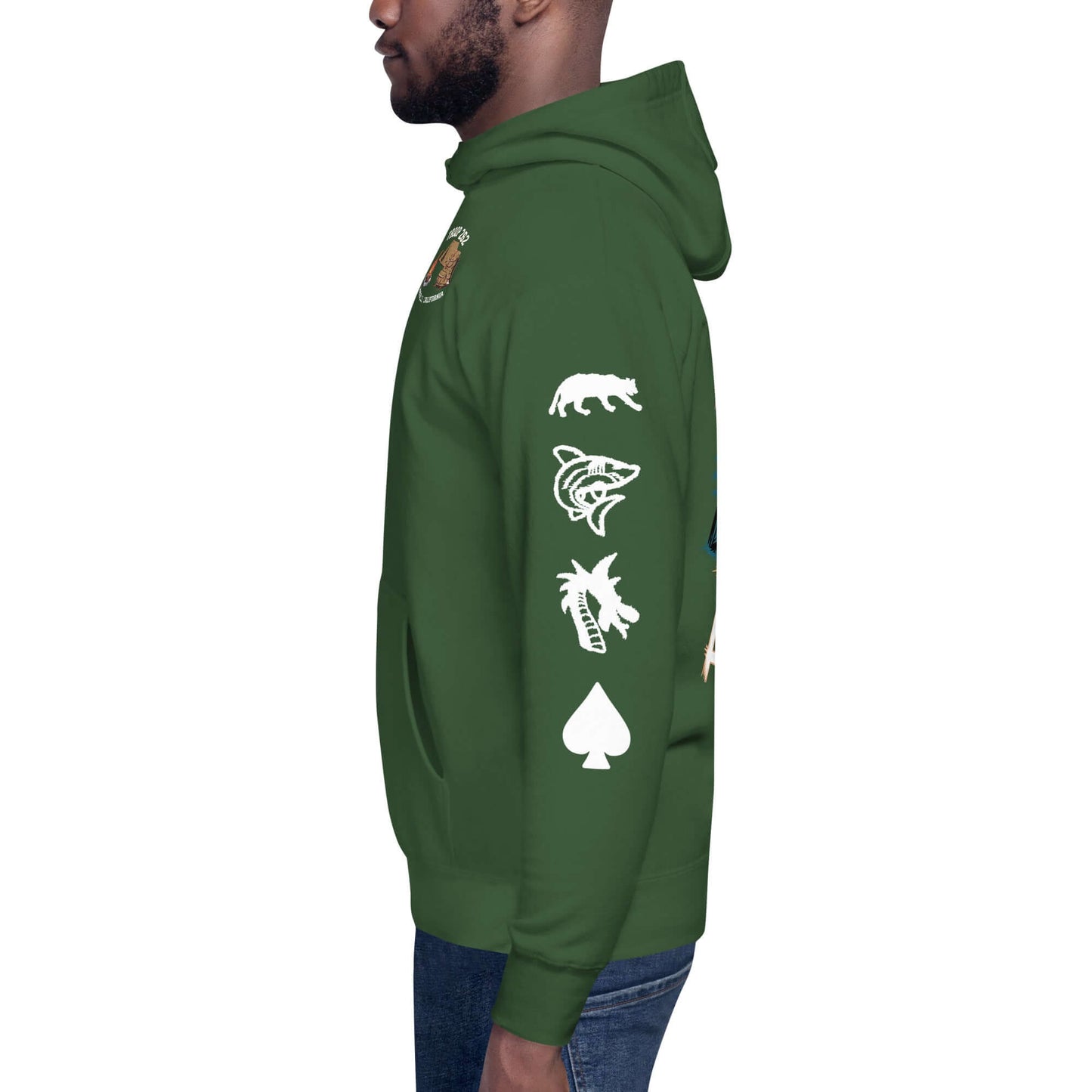 Side view of a green unisex hoodie featuring camping icons and Troop 262 design, ideal for outdoor adventures.