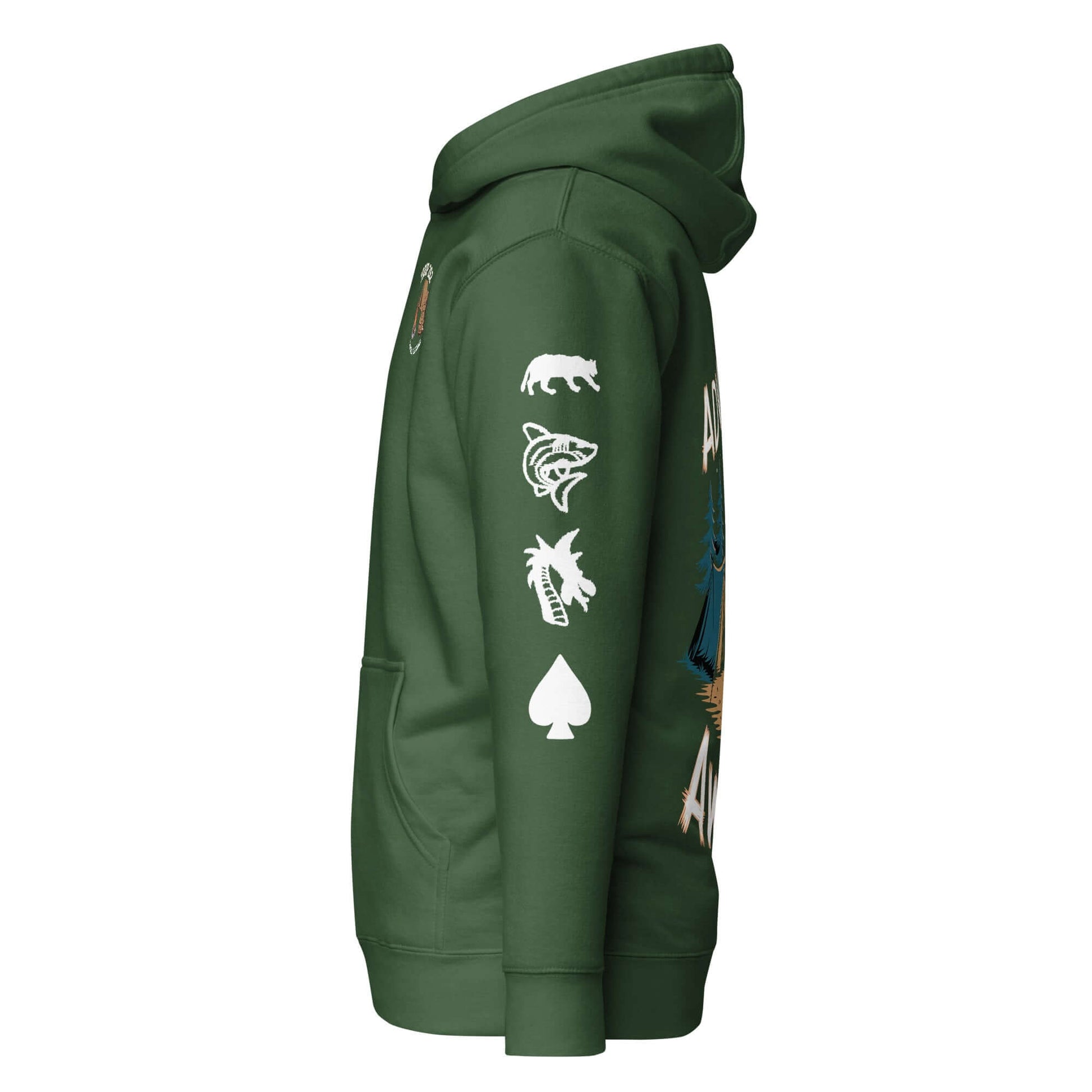 Side view of Adult Unisex Hoodie - ASM Camping Ultimate Edition showing cool outdoor designs and pocket.